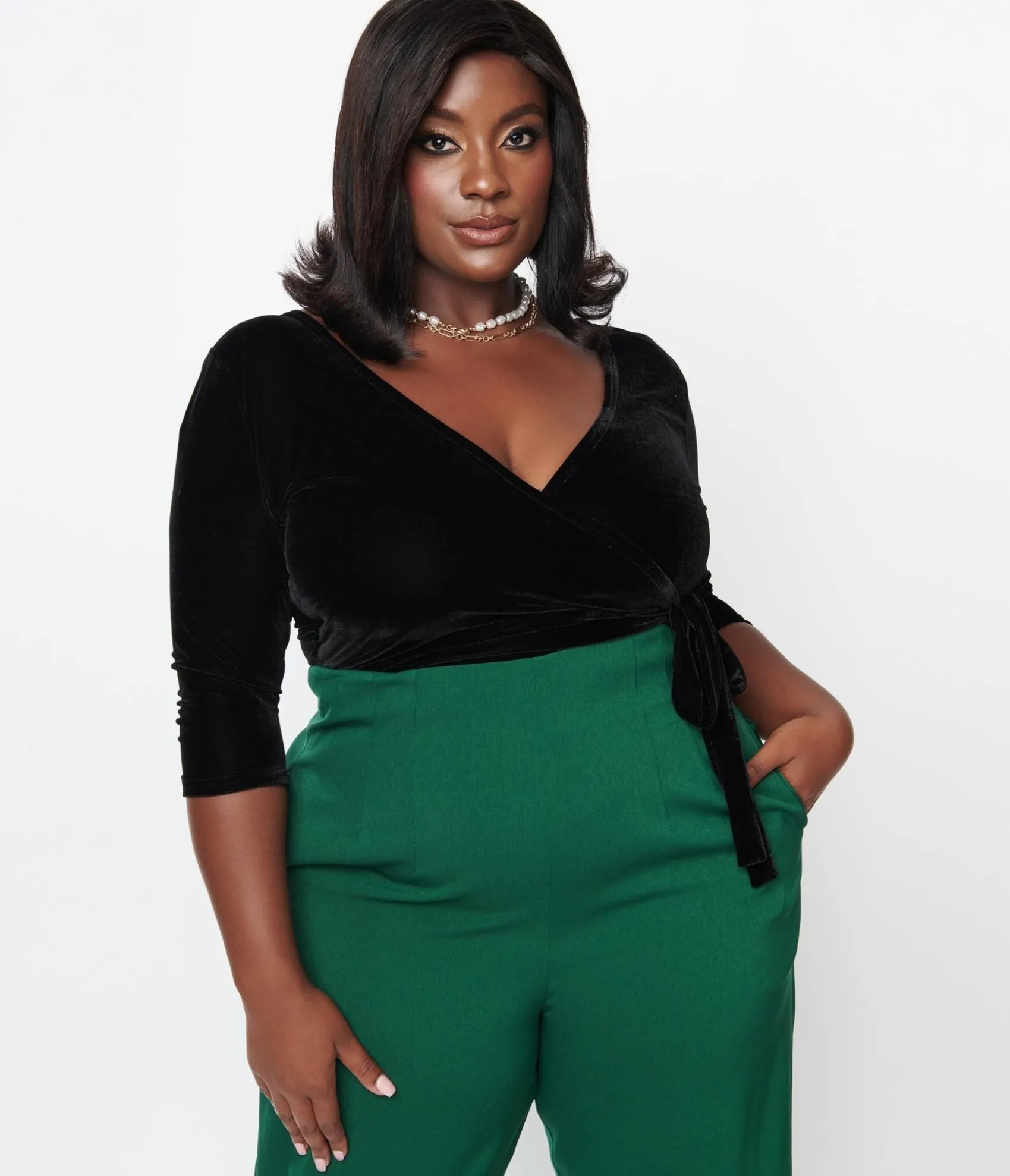 Unique Vintage Plus Size 1970s Black Velvet Surplice Bodysuit Flash Sale