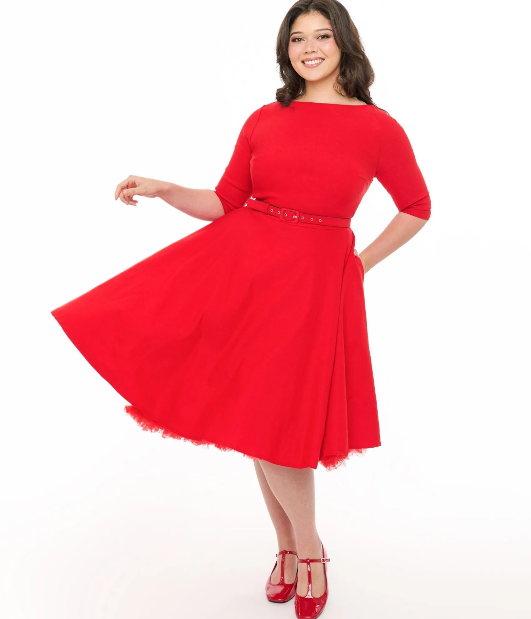 Unique Vintage Plus Size 1950s Bright Red Devon Swing Dress Sale