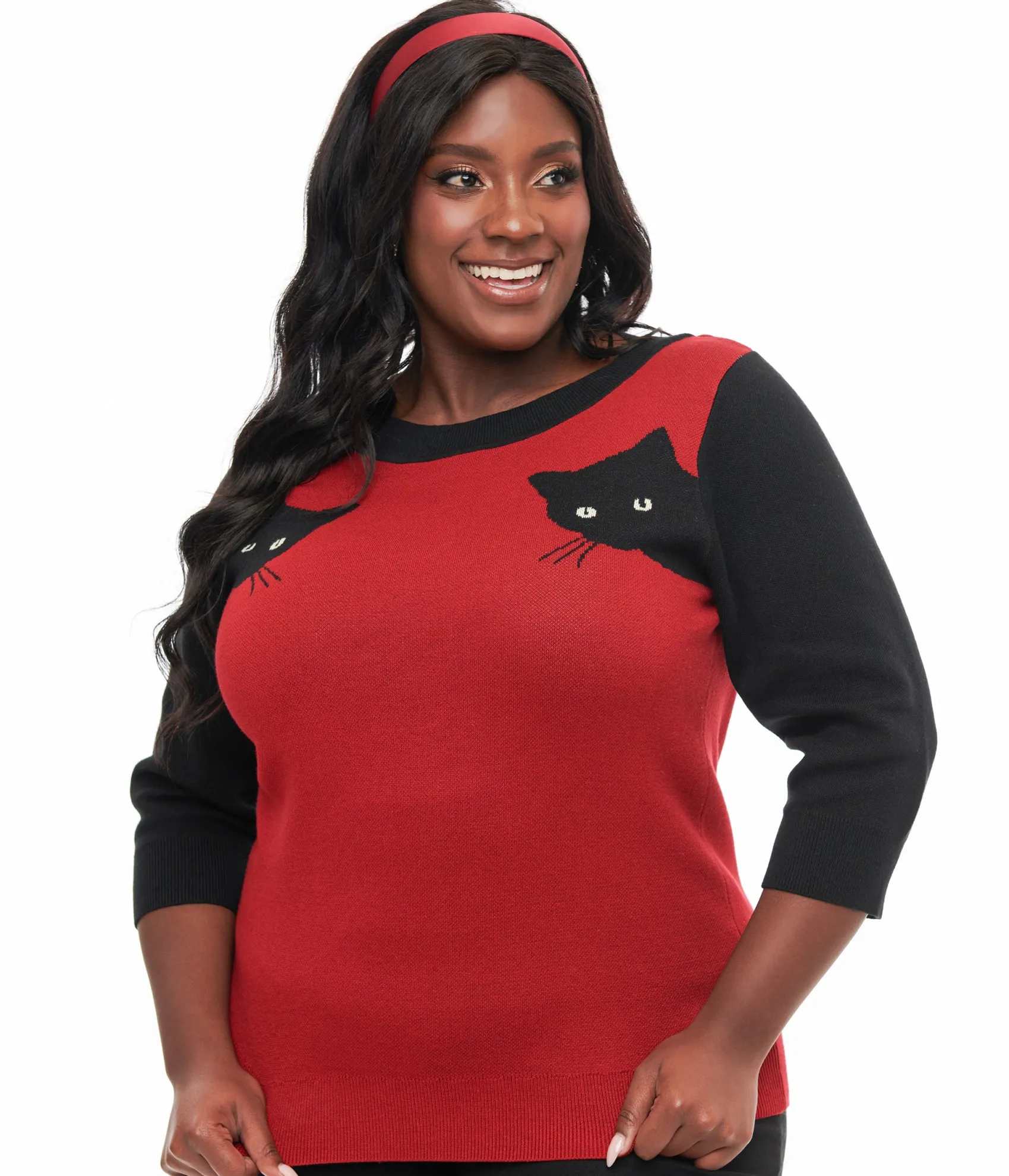 Unique Vintage Plus Size 1950s Burgundy & Black Cat Sleeve Minou Sweater Flash Sale