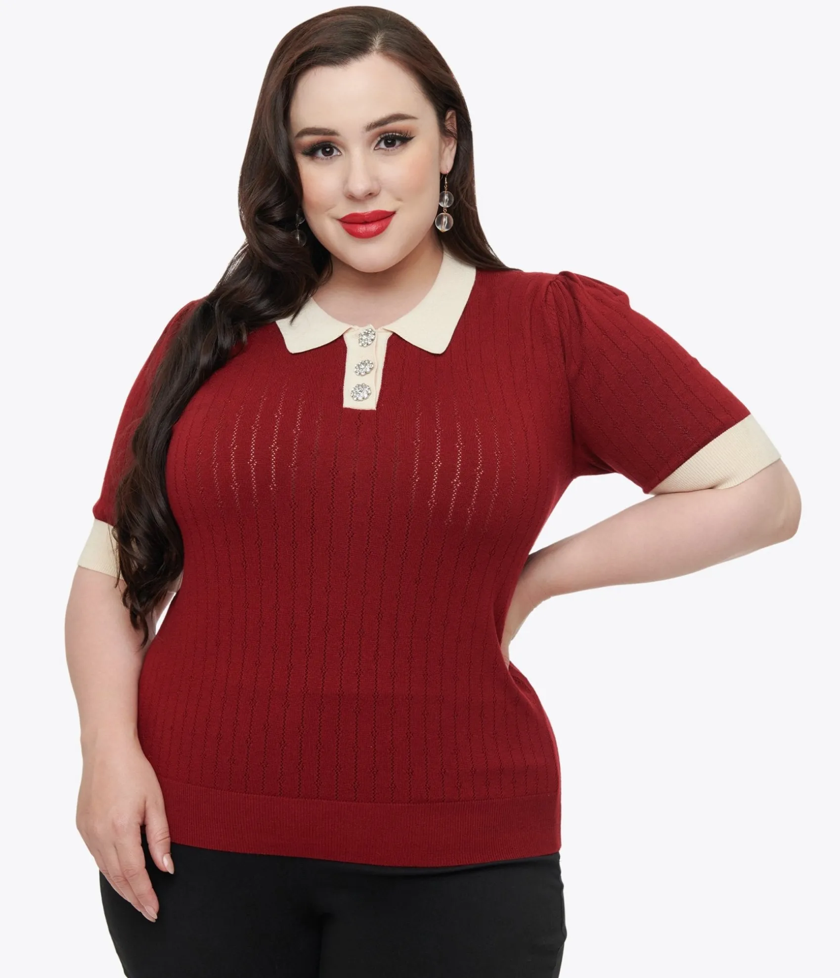 Unique Vintage Plus Size 1950s Burgundy & Rhinestone Buttons Prim & Pretty Sweater Online
