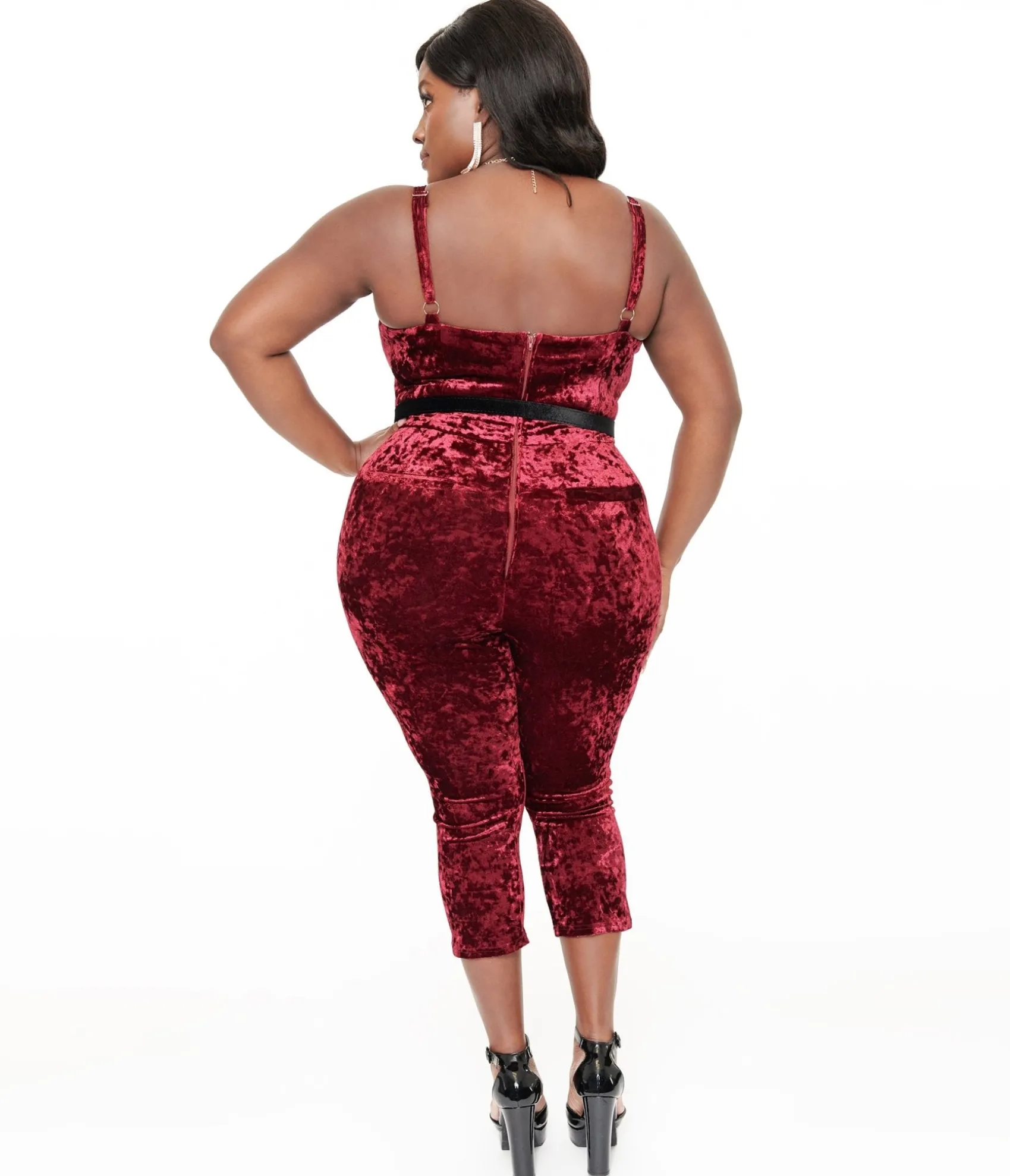 Unique Vintage Plus Size 1950s Burgundy Crushed Velvet Cropped Jumpsuit Best