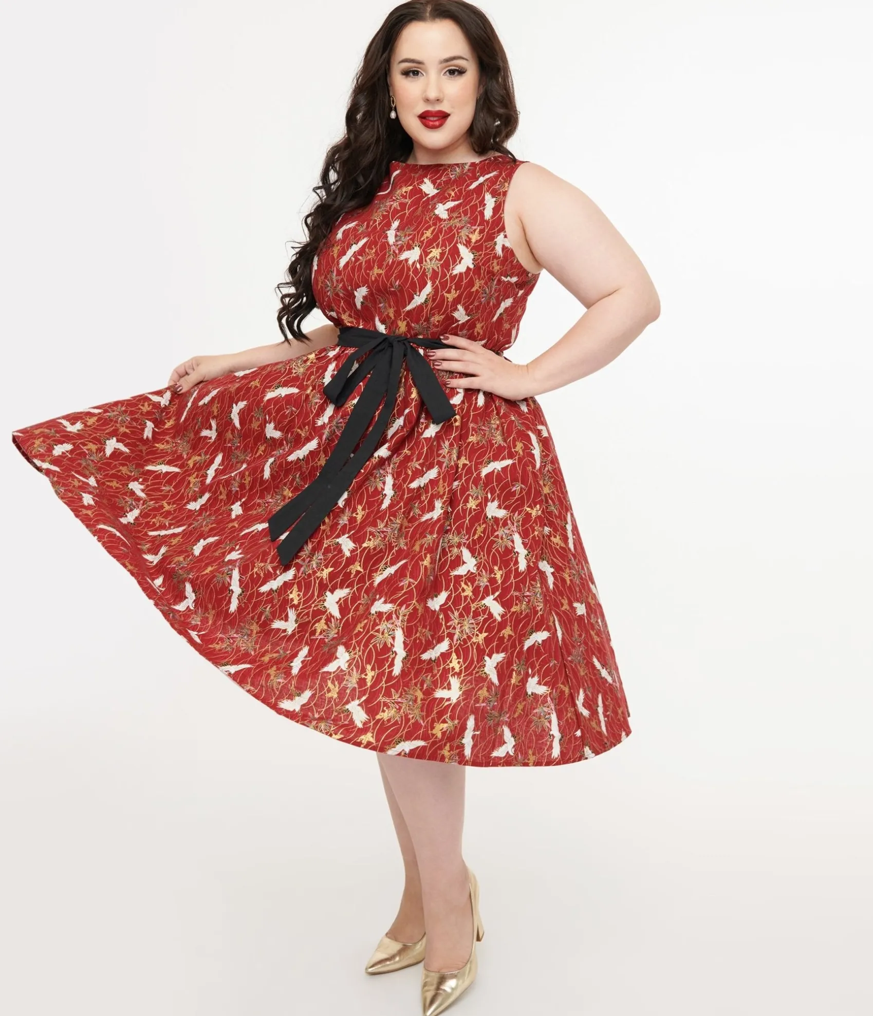 Unique Vintage Plus Size 1950s Burgundy Fall Crane Sleeveless Swing Dress Shop