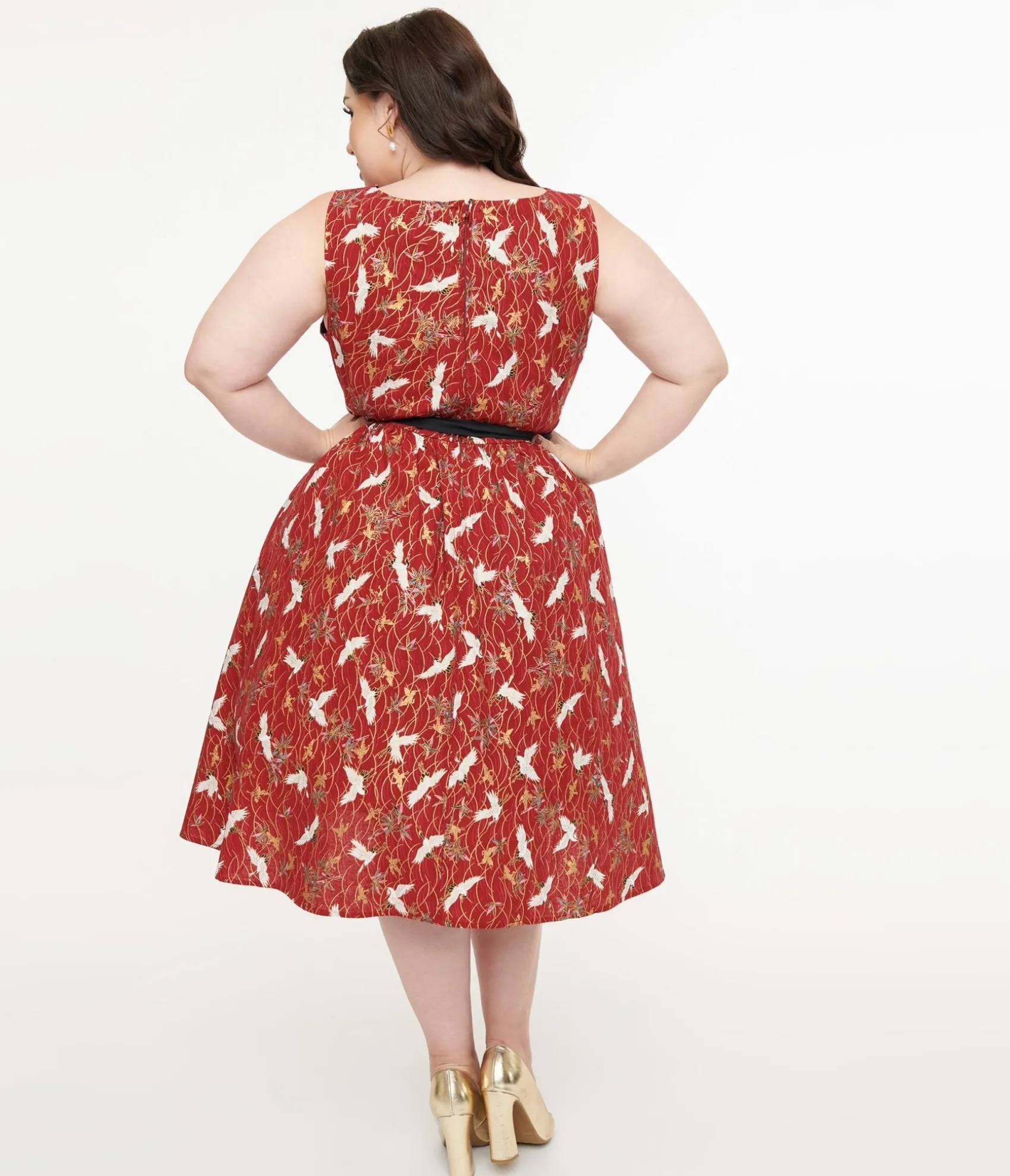 Unique Vintage Plus Size 1950s Burgundy Fall Crane Sleeveless Swing Dress Shop