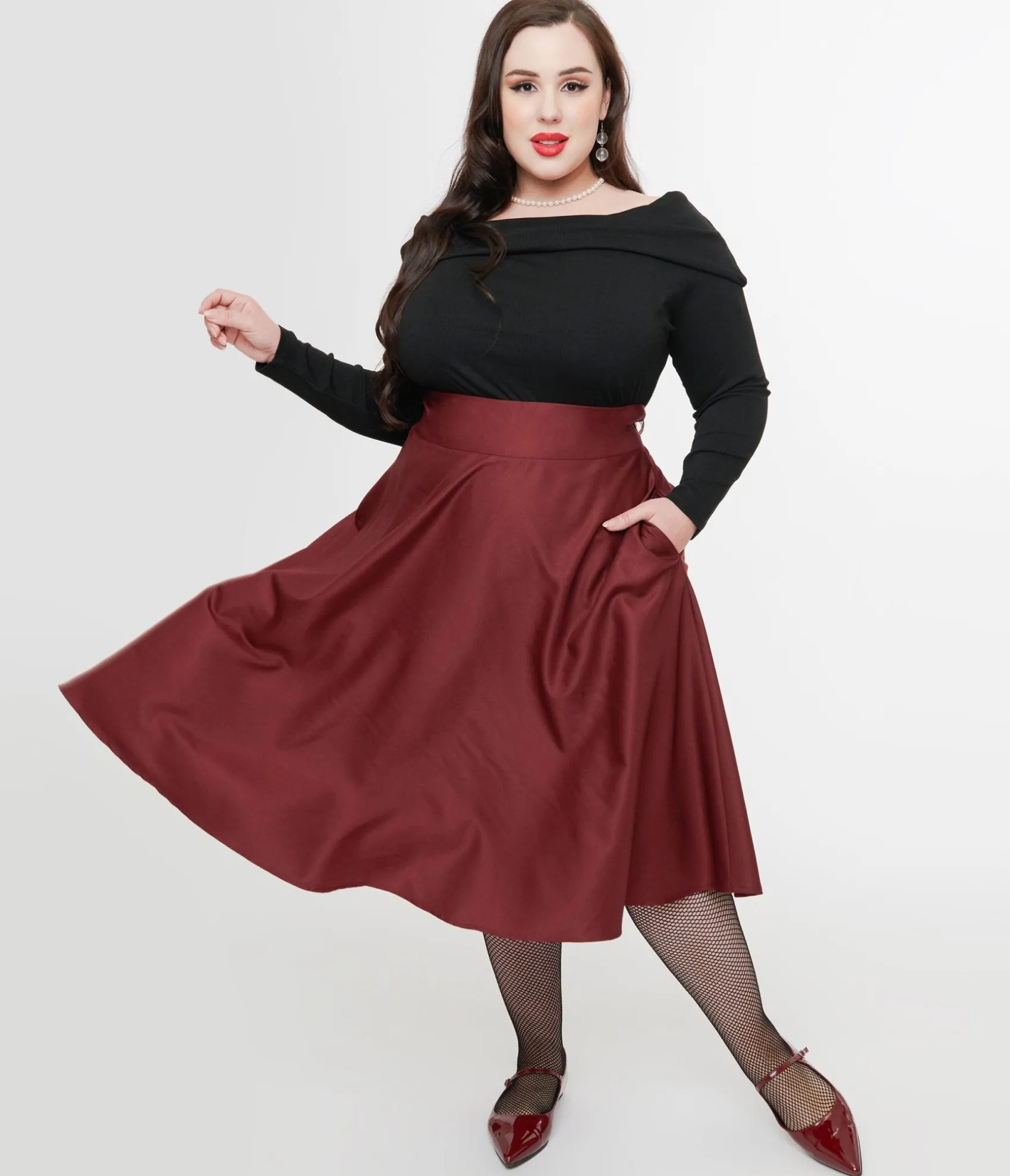 Unique Vintage Plus Size 1950s Burgundy High Waist Vivien Swing Skirt Hot