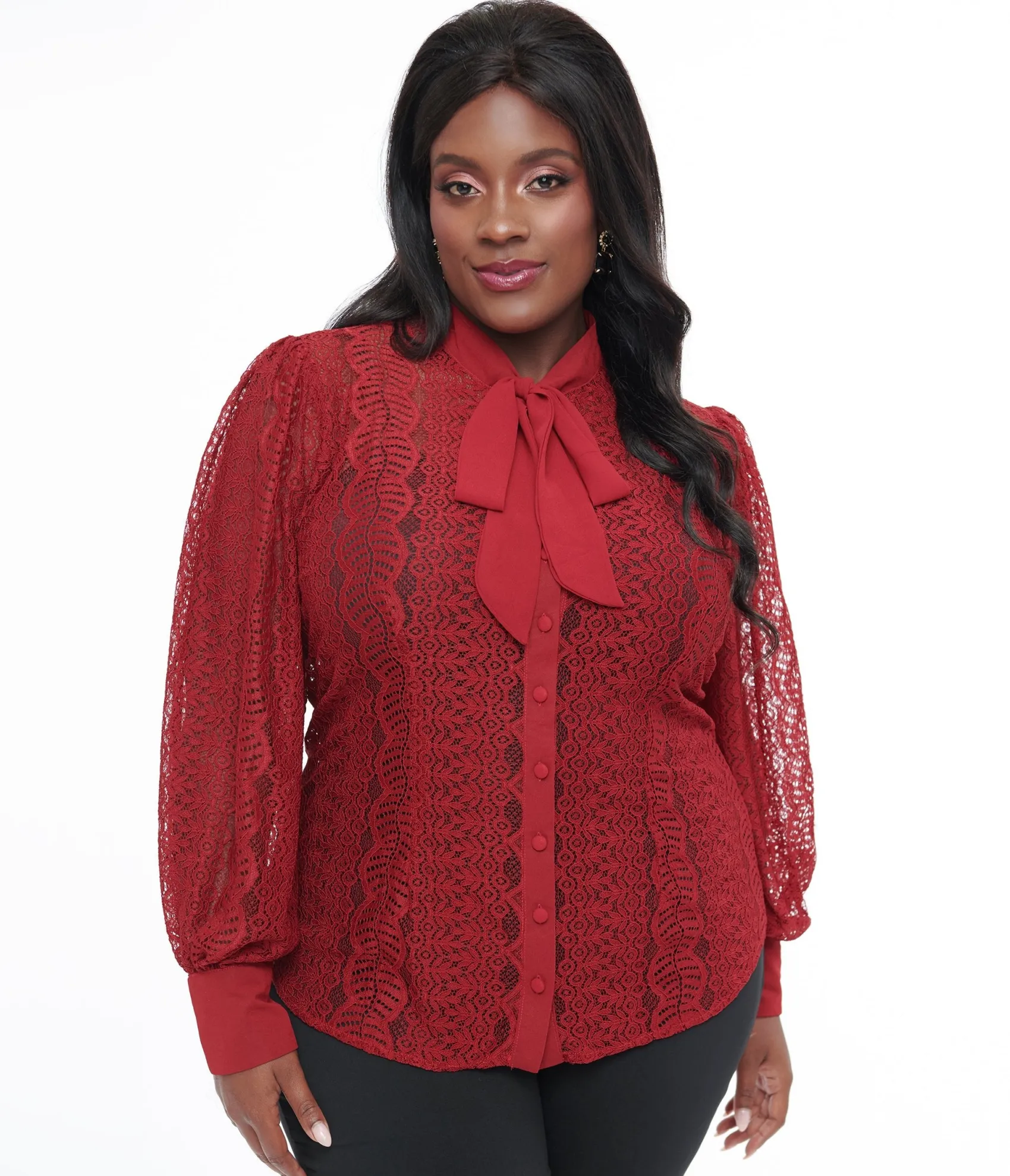 Unique Vintage Plus Size 1940s Burgundy Lace Gwen Blouse New