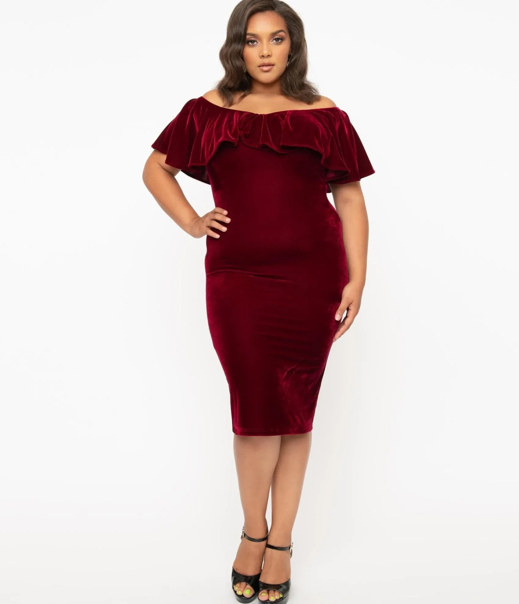Unique Vintage Plus Size 1950s Burgundy Red Velvet Sophia Wiggle Dress Shop