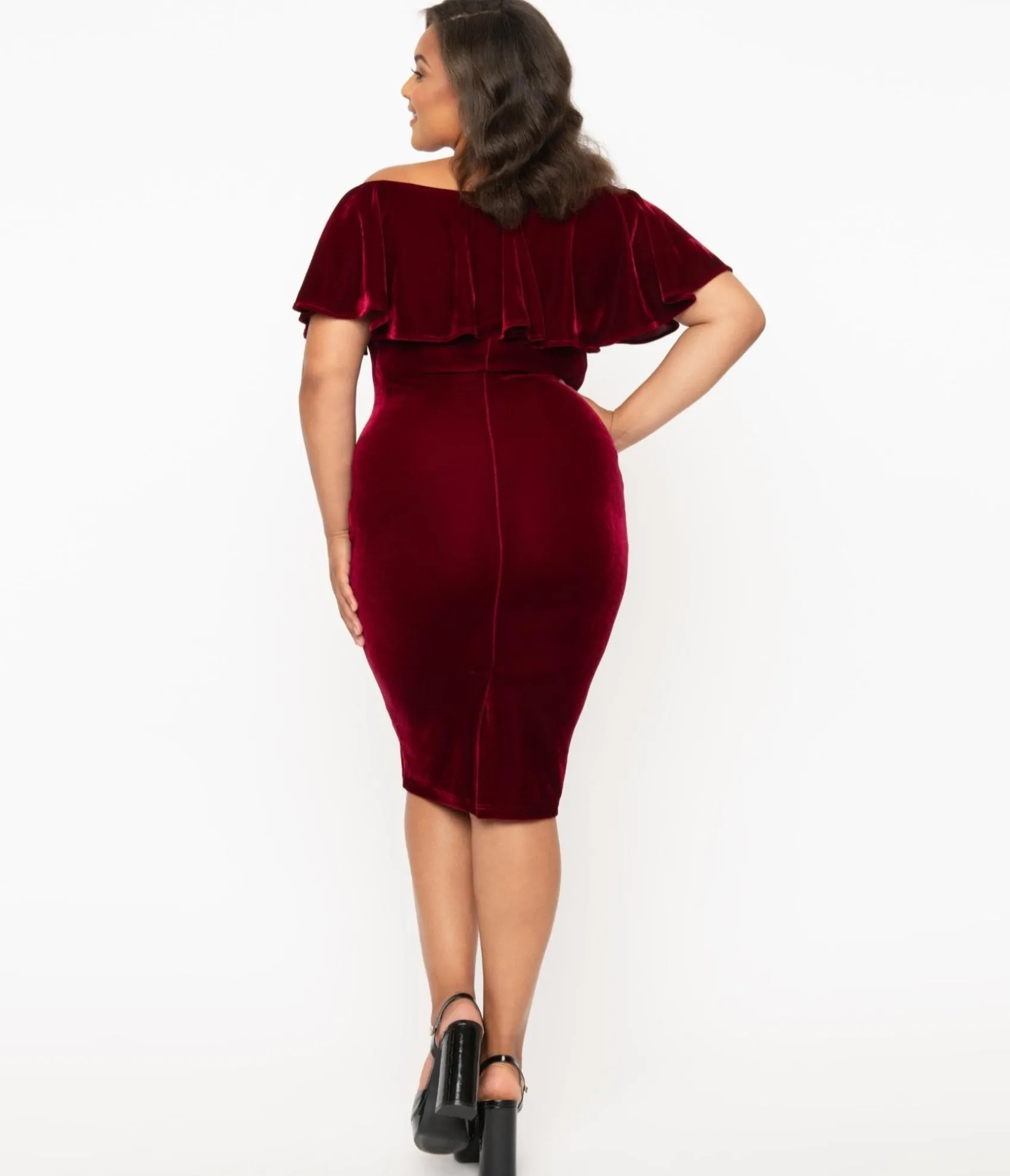 Unique Vintage Plus Size 1950s Burgundy Red Velvet Sophia Wiggle Dress Shop