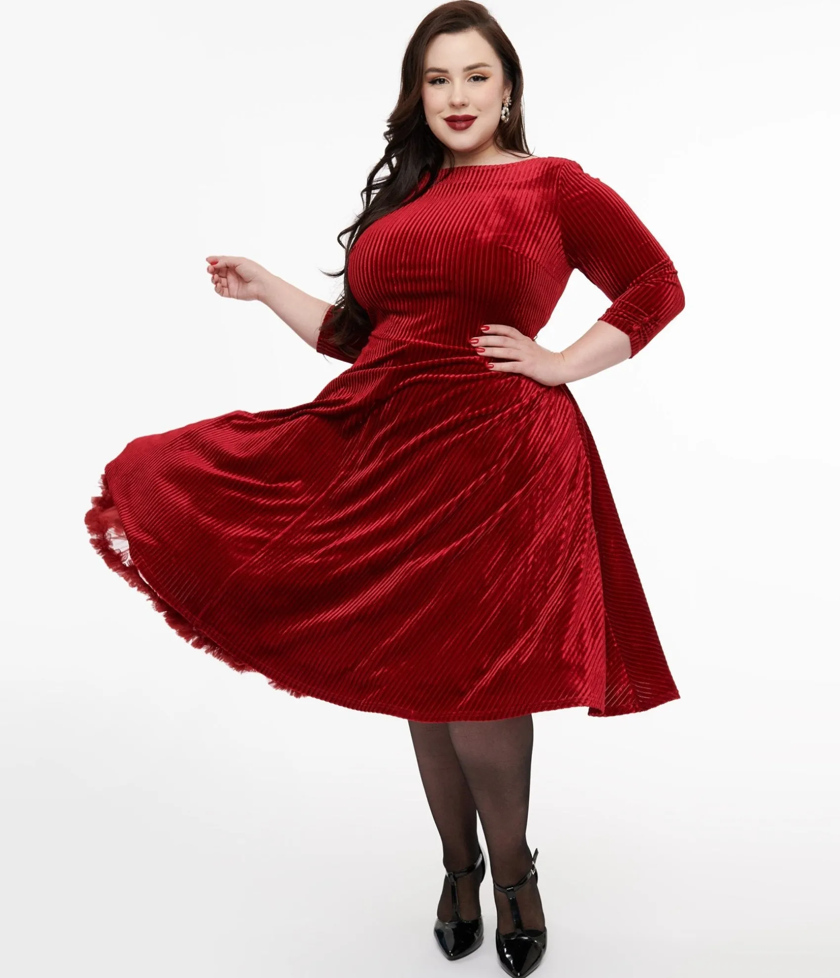 Unique Vintage Plus Size 1950s Burgundy Textured Velvet Devon Swing Dress Cheap