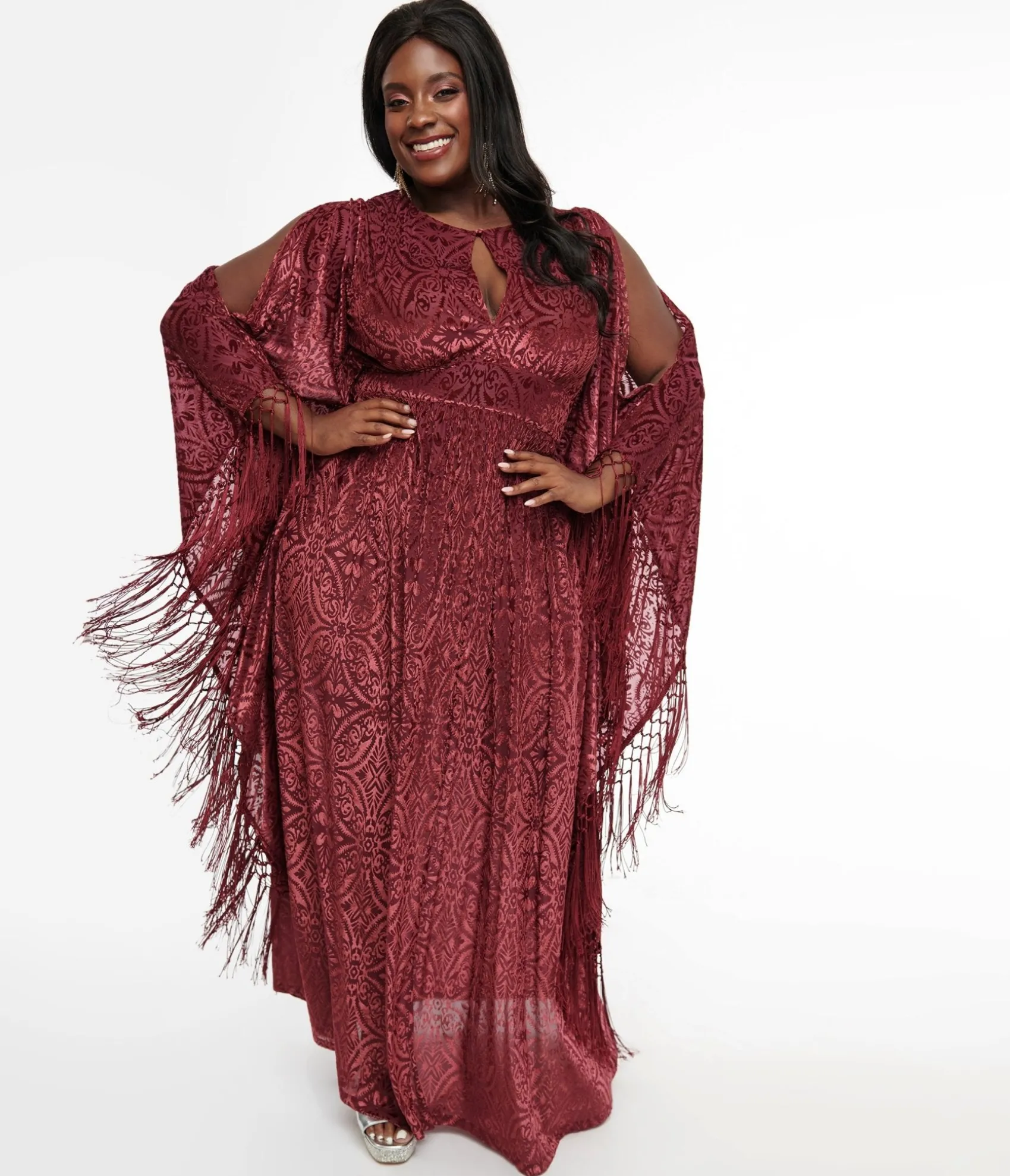 Unique Vintage Plus Size 1960s Burgundy Velvet Burnout Caftan Cheap