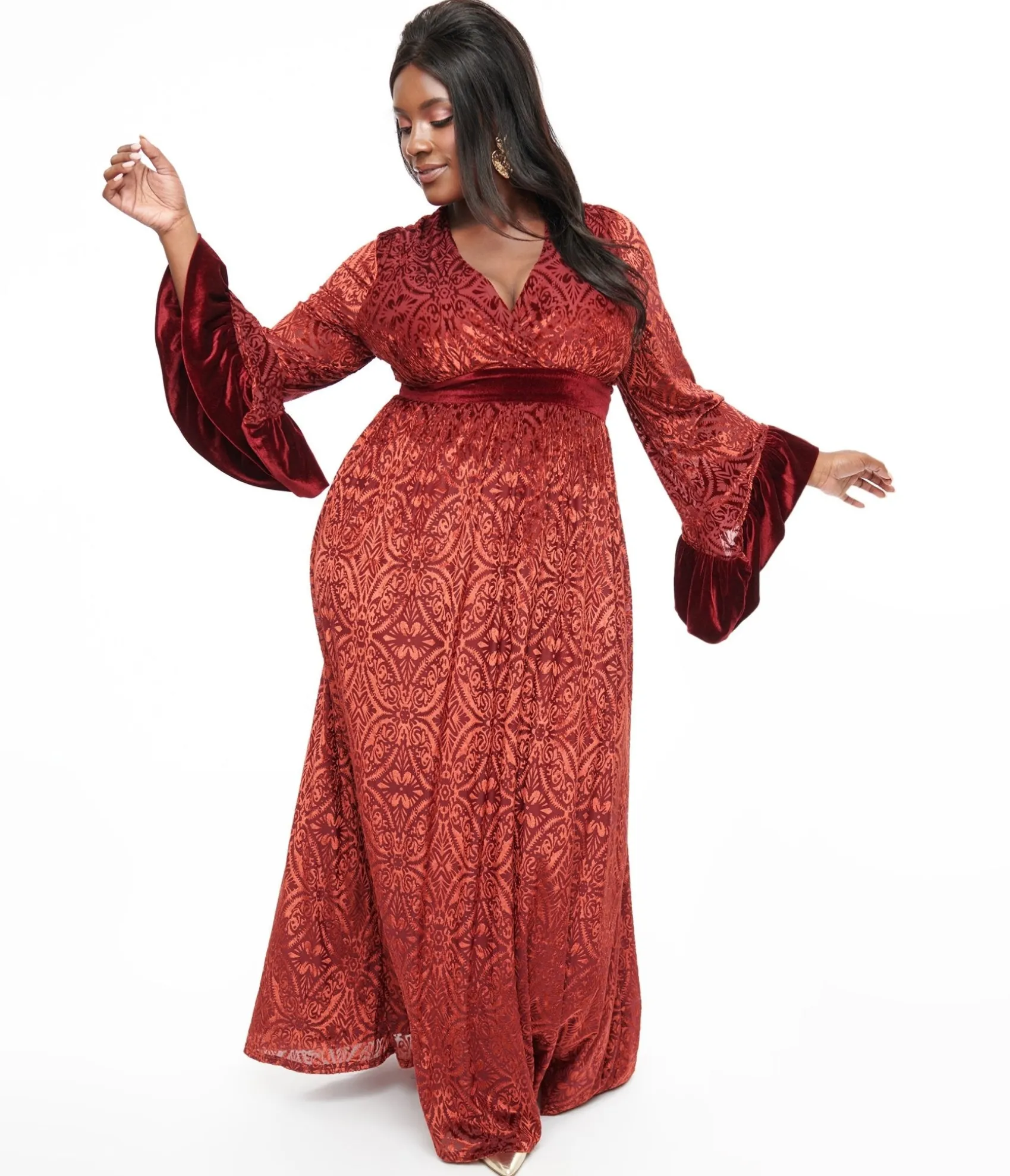 Unique Vintage Plus Size 1970s Burgundy Velvet Burnout Maxi Dress Online