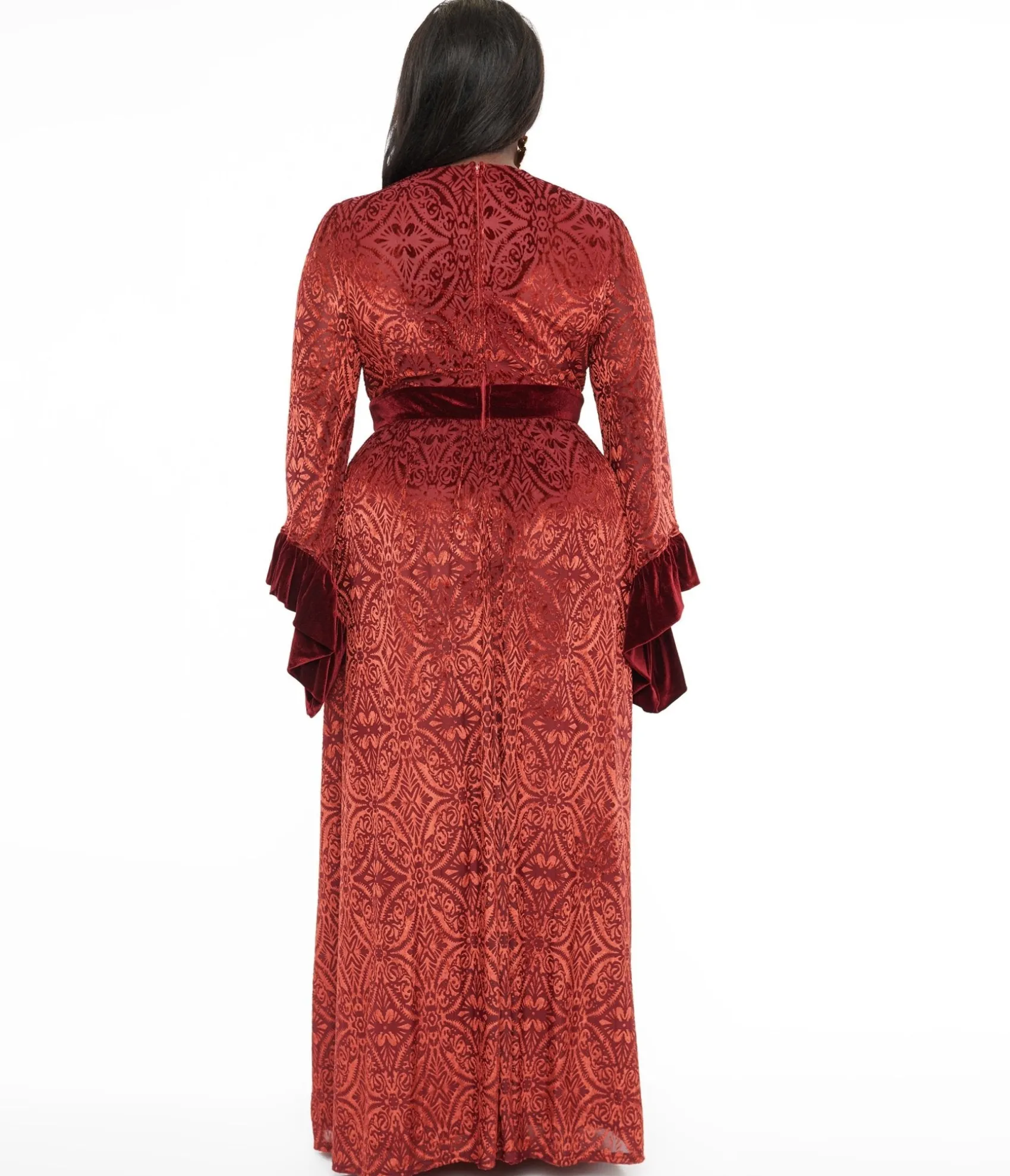 Unique Vintage Plus Size 1970s Burgundy Velvet Burnout Maxi Dress Online
