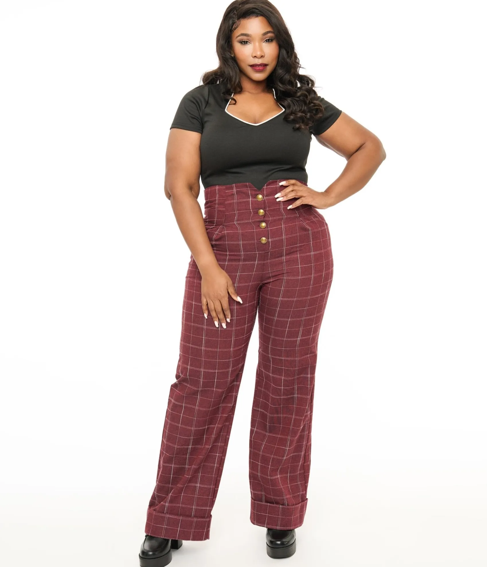 Unique Vintage Plus Size 1940s Burgundy Windowpane Buttoned Wide Leg Trousers Cheap
