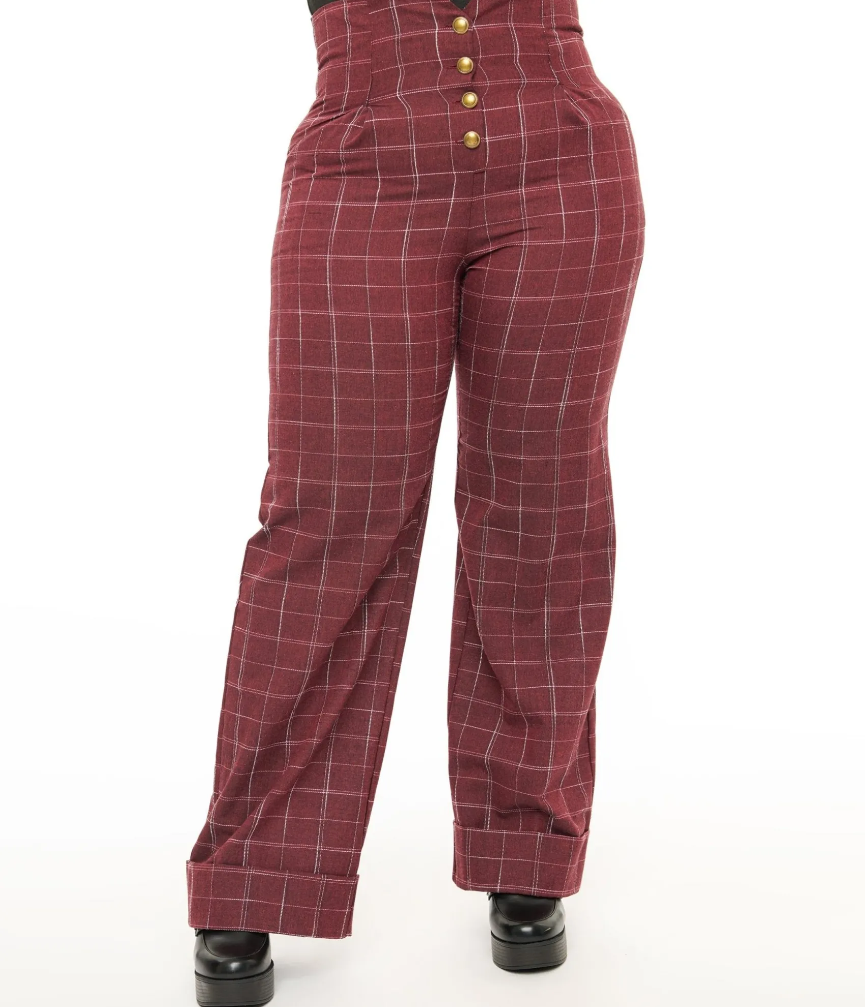 Unique Vintage Plus Size 1940s Burgundy Windowpane Buttoned Wide Leg Trousers Cheap
