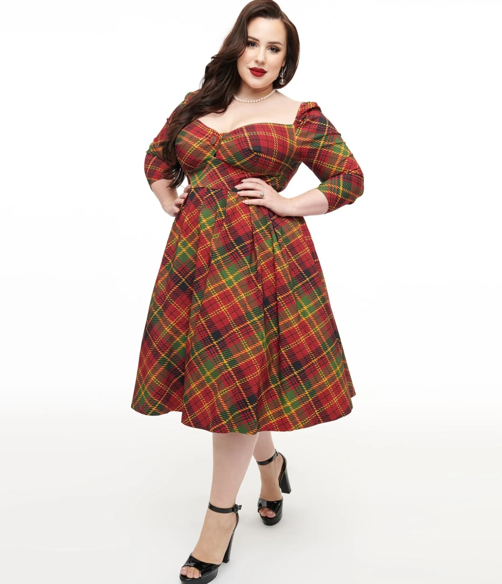 Unique Vintage Plus Size 1950s Burnt Orange & Green Plaid Lamar Swing Dress Best Sale