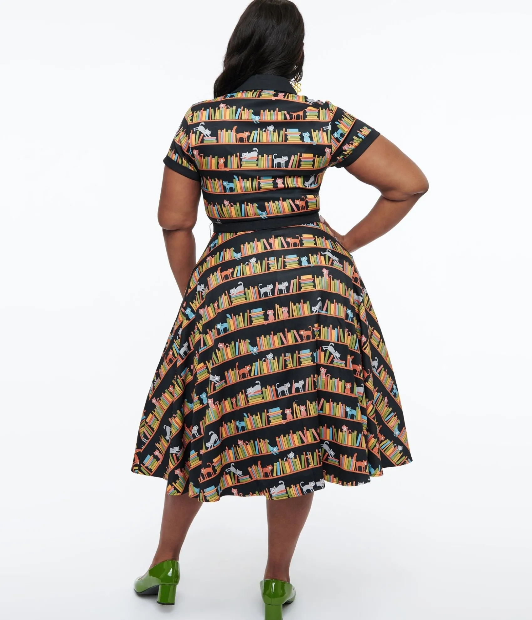 Unique Vintage Plus Size 1950s Cat & Bookshelf Print Alexis Swing Dress Cheap