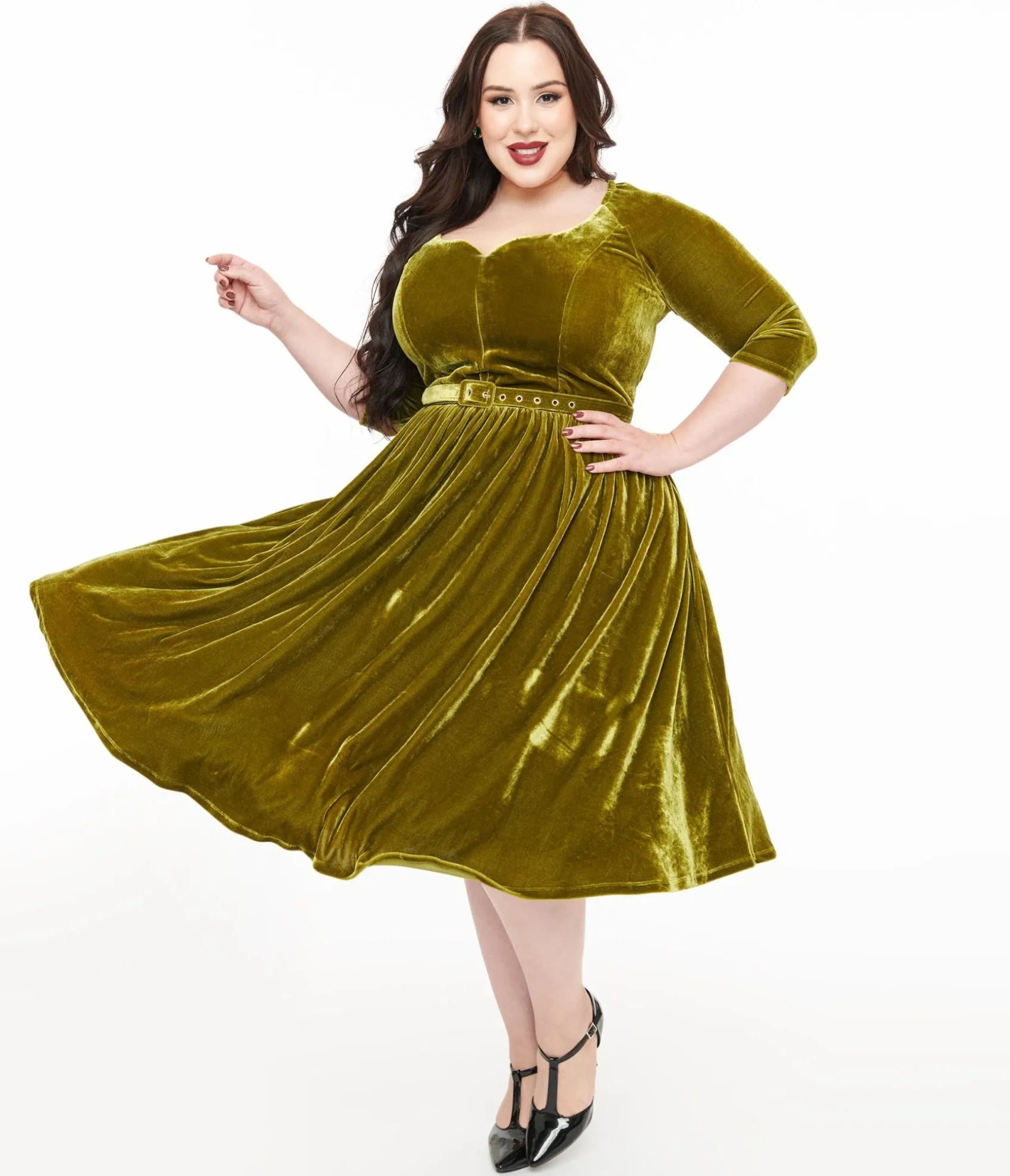 Unique Vintage Plus Size 1950s Chartreuse Velvet Sweetheart Swing Dress Best Sale