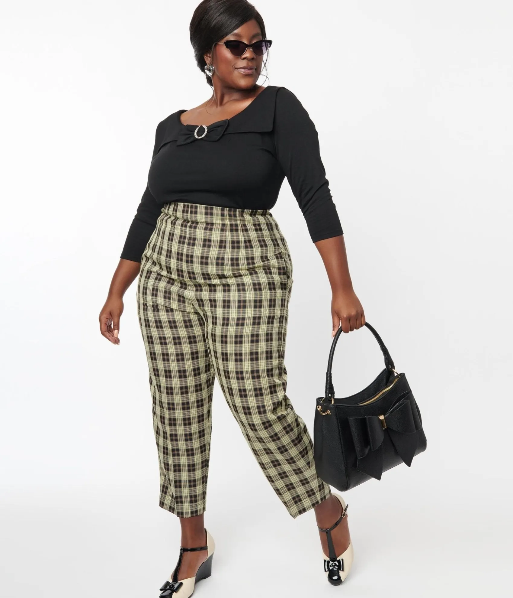Unique Vintage Plus Size 1930s Cream & Black Plaid Front Pleat Pants Sale