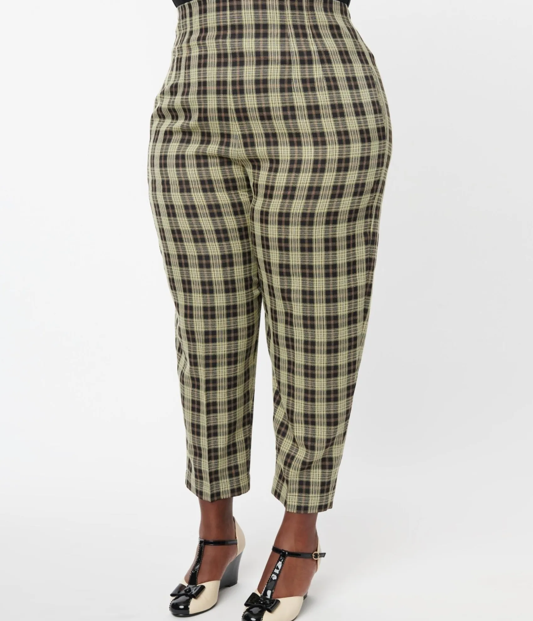 Unique Vintage Plus Size 1930s Cream & Black Plaid Front Pleat Pants Sale