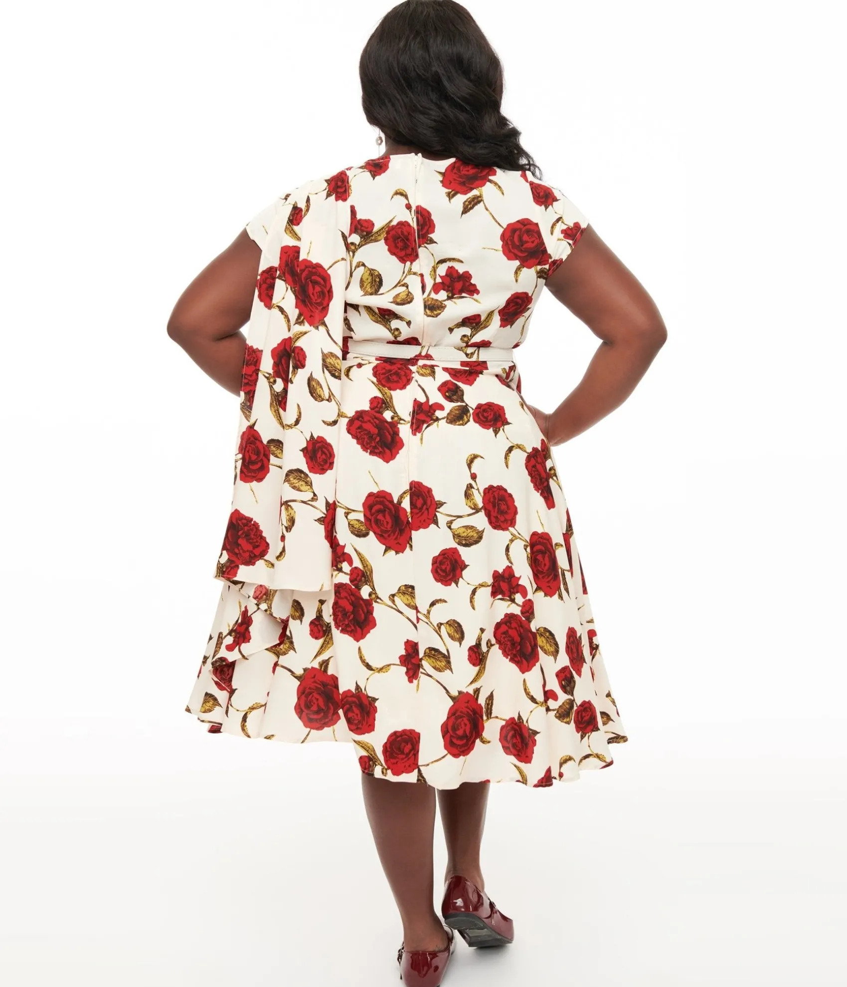 Unique Vintage Plus Size 1940s Cream & Red Rose Print Sash Swing Dress Sale