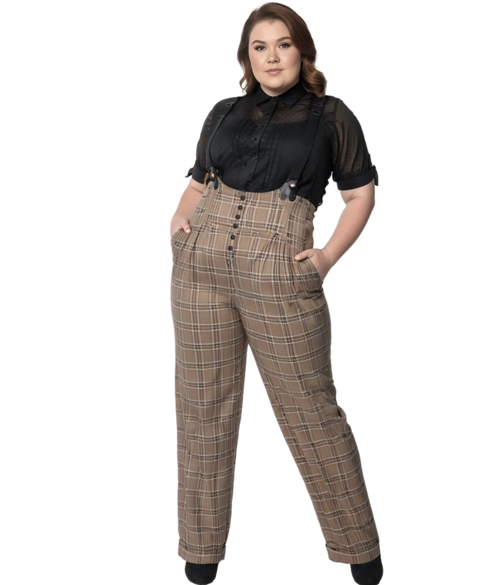 Unique Vintage Plus Size 1930s Dark Beige Windowpane Thelma Suspender Pants Online