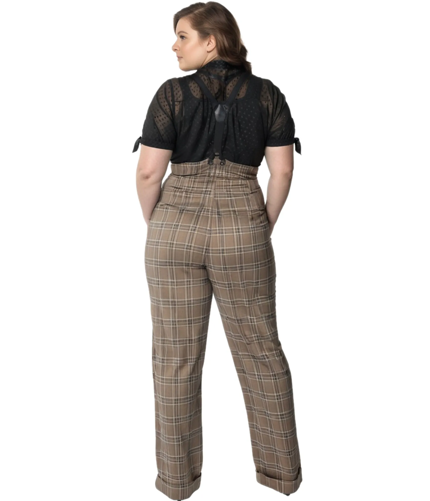 Unique Vintage Plus Size 1930s Dark Beige Windowpane Thelma Suspender Pants Online