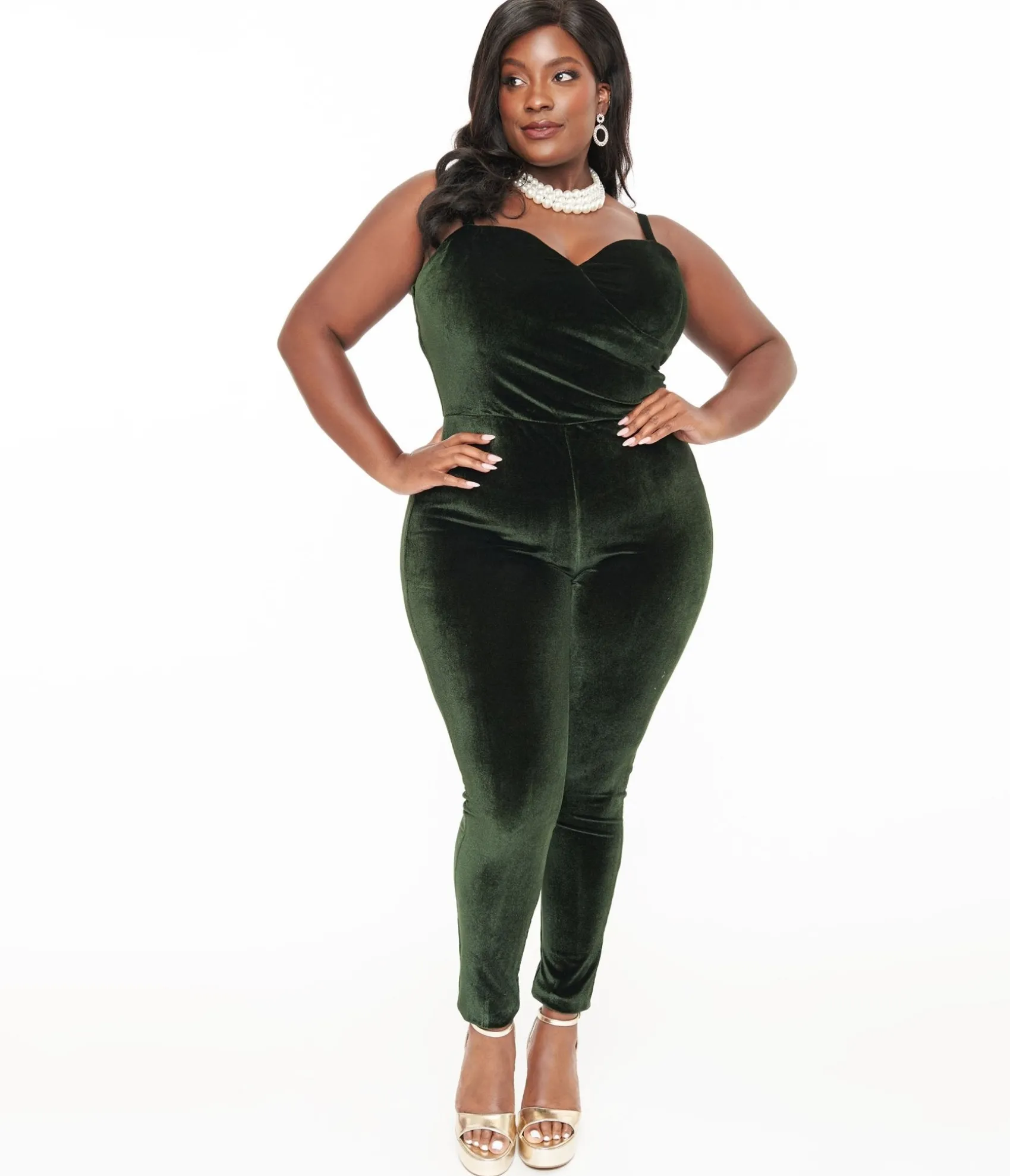 Unique Vintage Plus Size 1970s Dark Green Velvet Jumpsuit Clearance