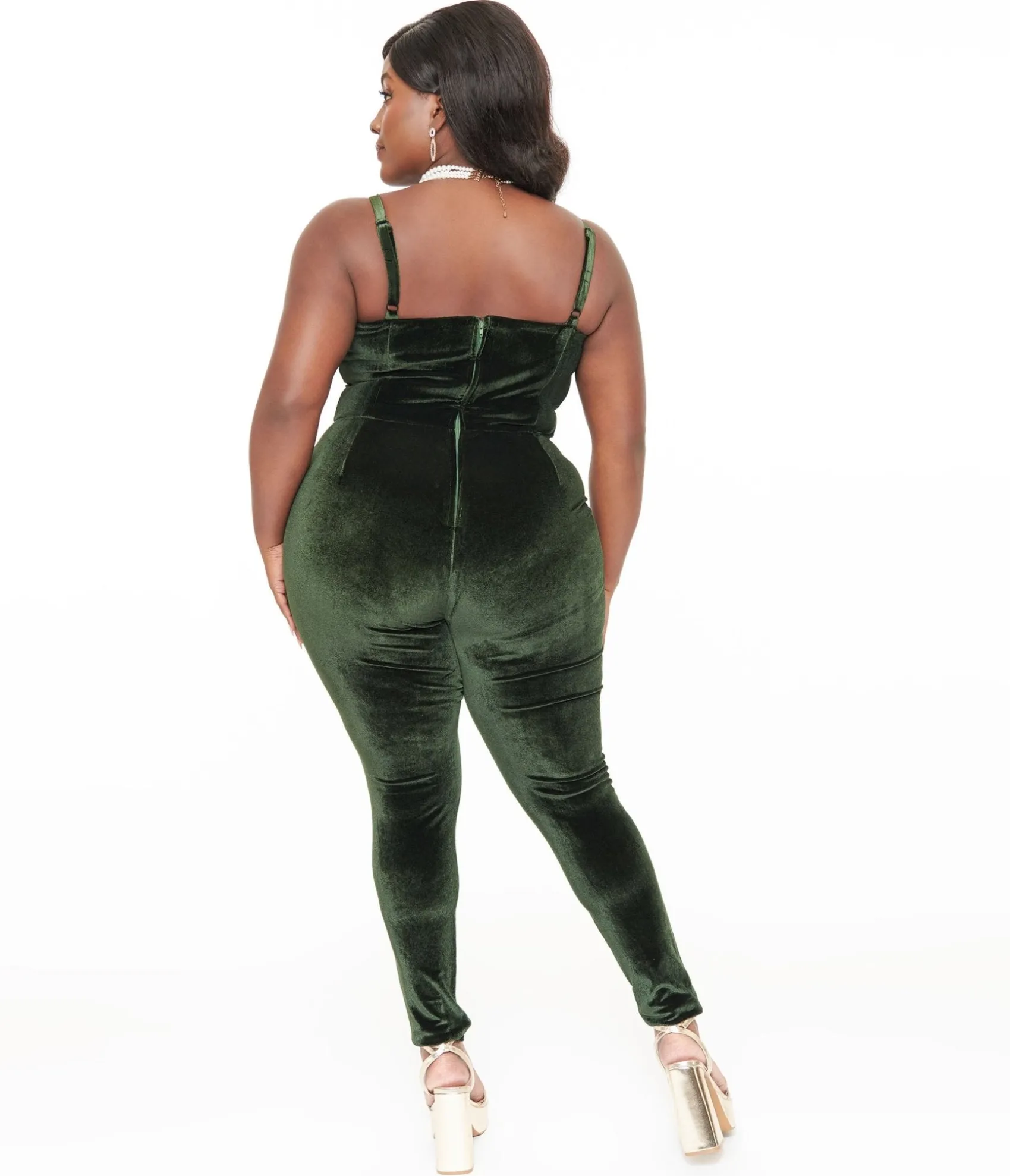 Unique Vintage Plus Size 1970s Dark Green Velvet Jumpsuit Clearance