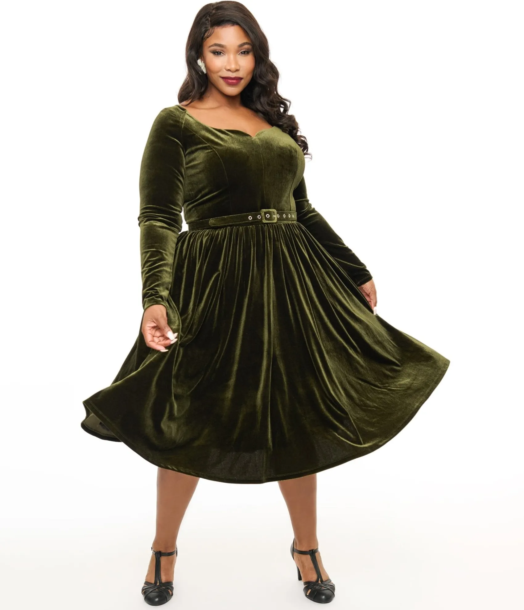 Unique Vintage Plus Size 1950s Dark Olive Velvet Sweetheart Swing Dress Cheap