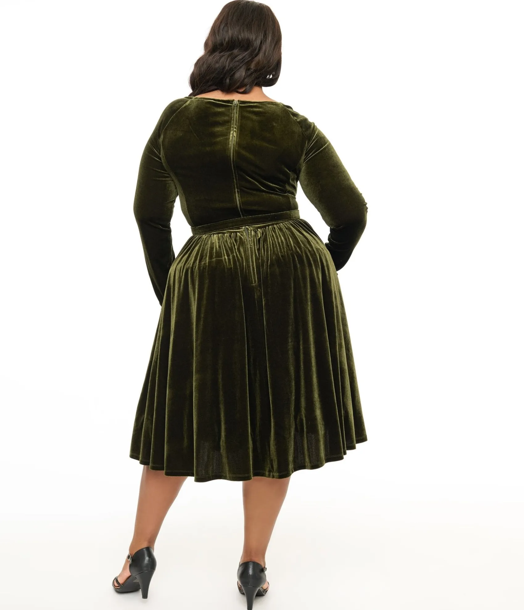 Unique Vintage Plus Size 1950s Dark Olive Velvet Sweetheart Swing Dress Cheap