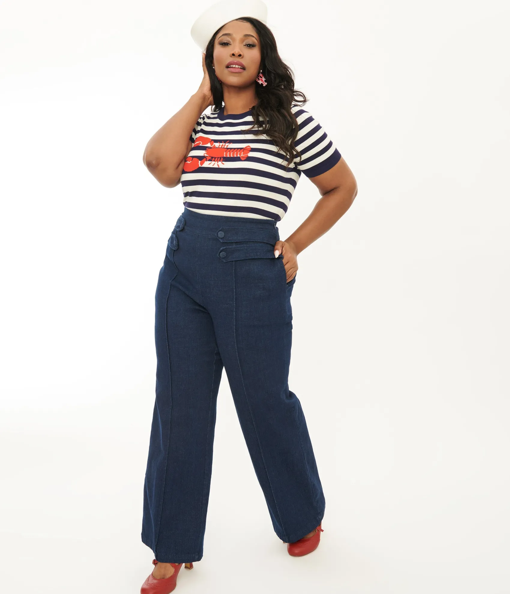 Unique Vintage Plus Size 1940s Denim High Waist Wide Leg Tab Pants Shop