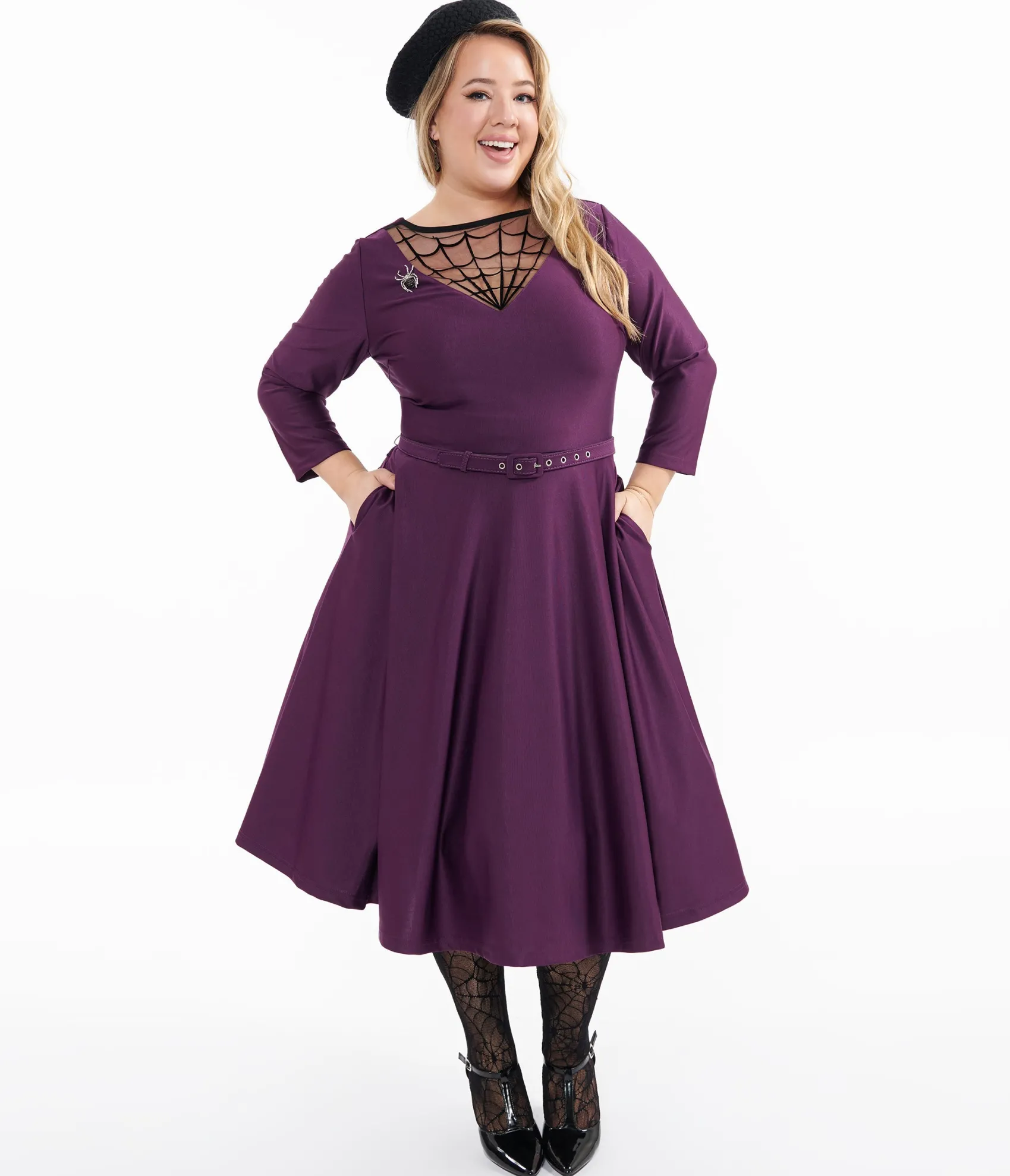 Unique Vintage Plus Size 1950s Eggplant & Black Spiderweb Devon Swing Dress Discount