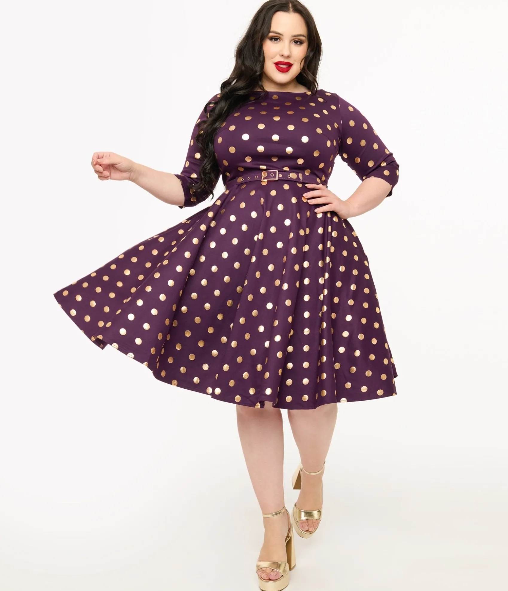 Unique Vintage Plus Size 1950s Eggplant Rose Foil Polka Dot Devon Swing Dress Cheap