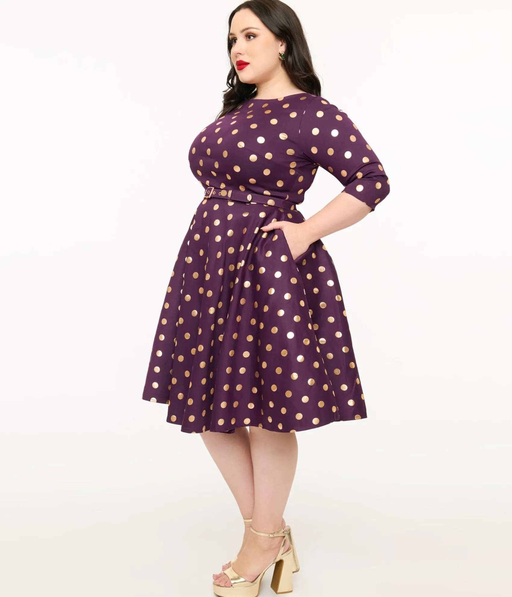 Unique Vintage Plus Size 1950s Eggplant Rose Foil Polka Dot Devon Swing Dress Cheap
