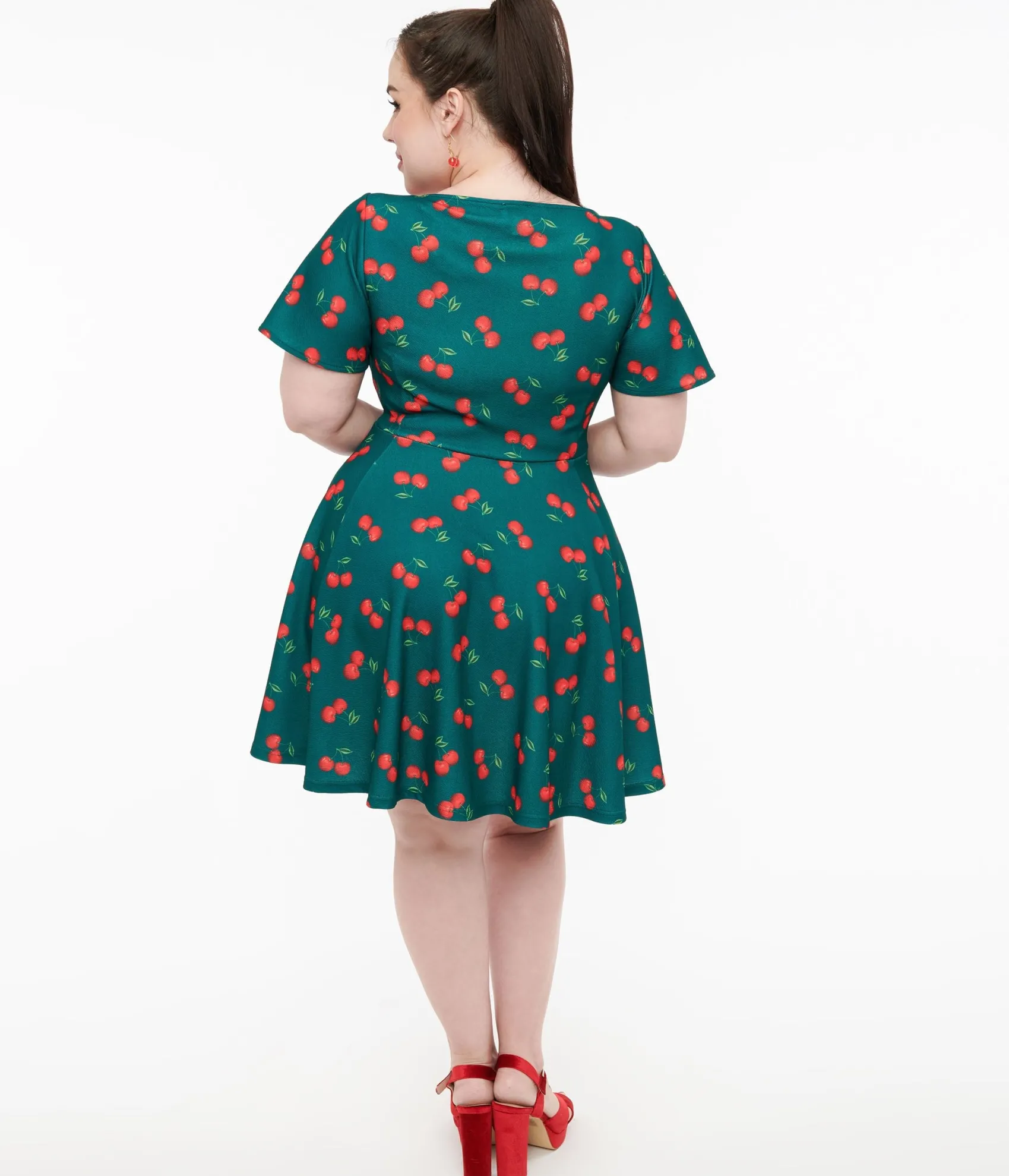 Unique Vintage Plus Size 1950s Emerald & Cherry Print Poppy Flare Dress New