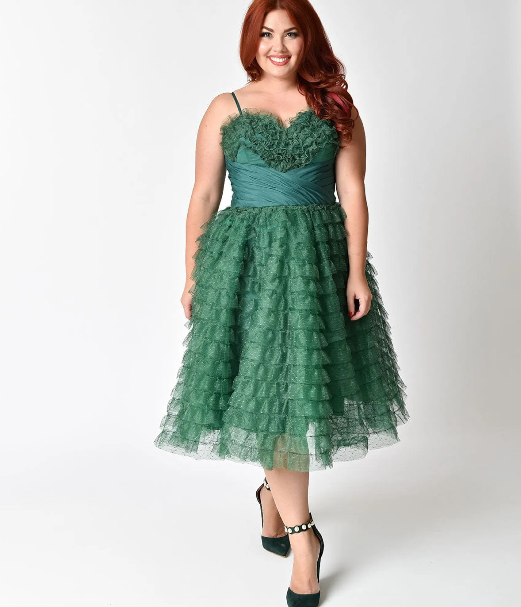 Unique Vintage Plus Size 1950s Emerald Green Ruffled Tulle Sweetheart Cupcake Swing Dress Best