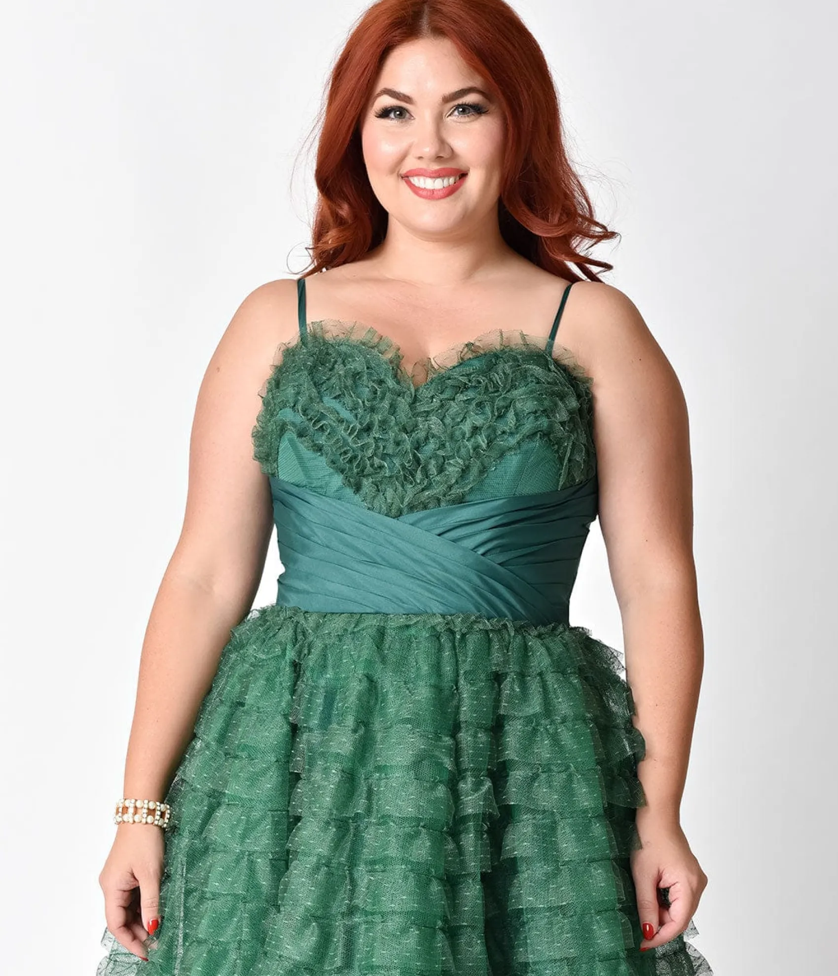 Unique Vintage Plus Size 1950s Emerald Green Ruffled Tulle Sweetheart Cupcake Swing Dress Best