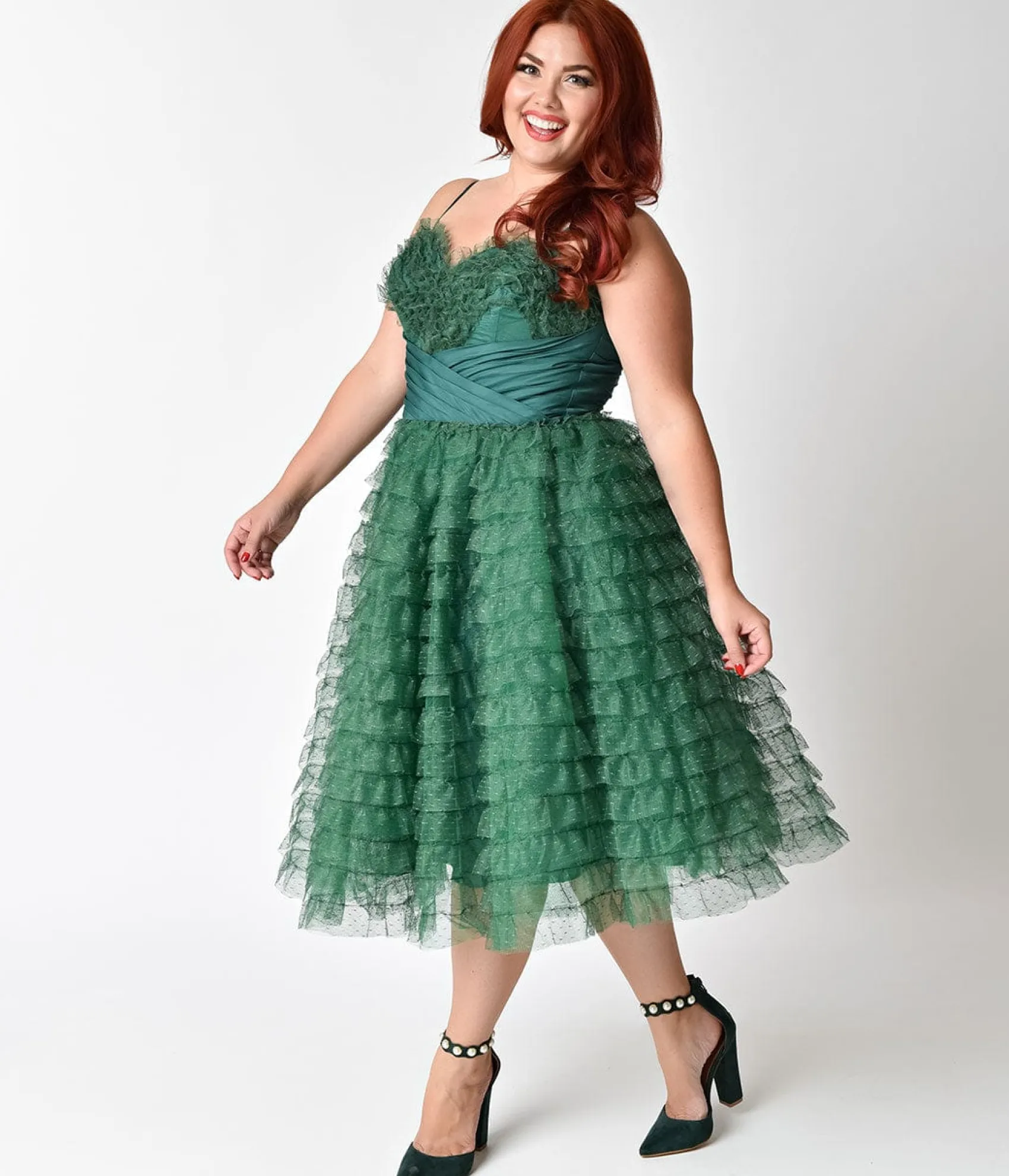 Unique Vintage Plus Size 1950s Emerald Green Ruffled Tulle Sweetheart Cupcake Swing Dress Best