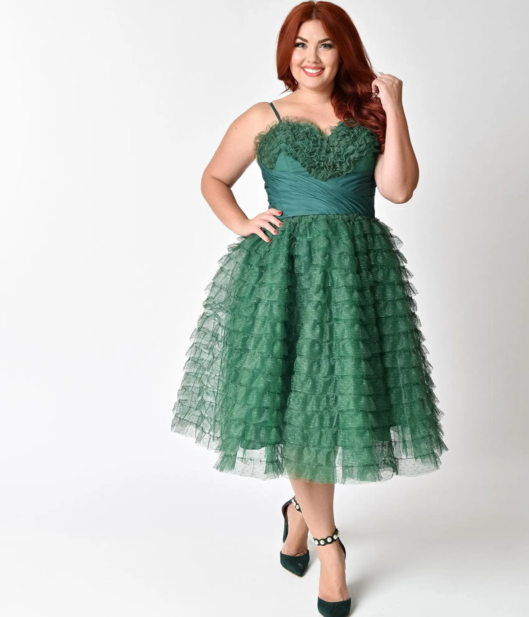 Unique Vintage Plus Size 1950s Emerald Green Ruffled Tulle Sweetheart Cupcake Swing Dress Best
