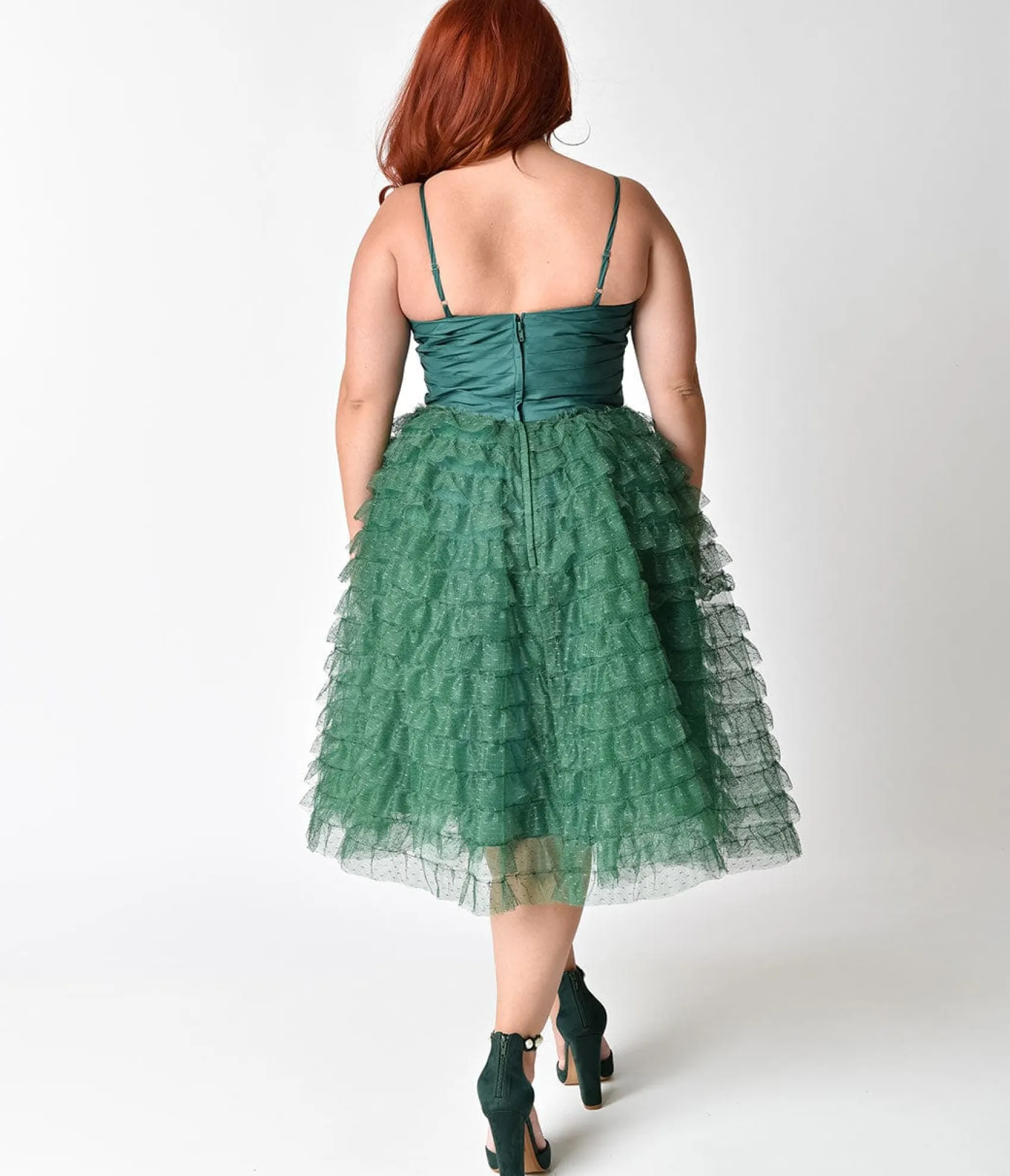 Unique Vintage Plus Size 1950s Emerald Green Ruffled Tulle Sweetheart Cupcake Swing Dress Best
