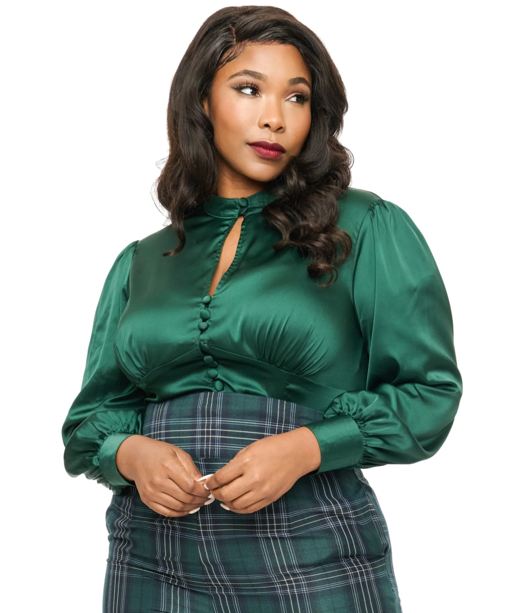 Unique Vintage Plus Size 1970s Emerald Satin Keyhole Button Waist Blouse Best Sale
