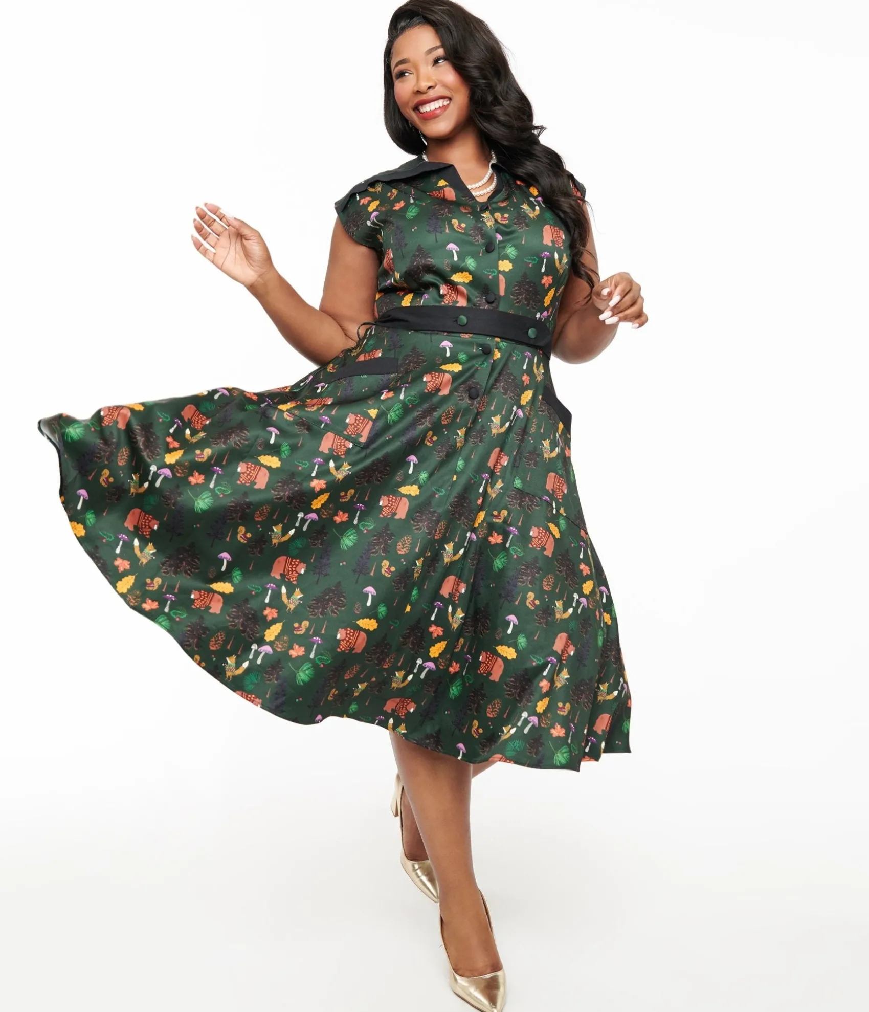 Unique Vintage Plus Size 1940s Forest Green Woodland Creature Hedda Swing Dress Discount