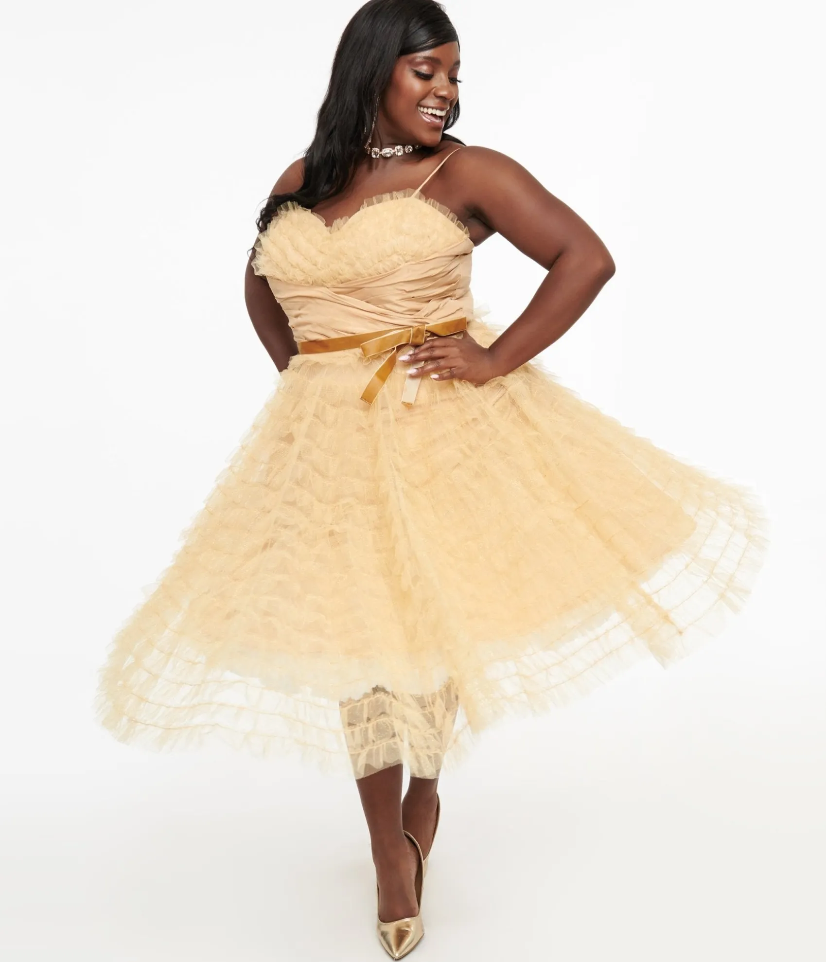 Unique Vintage Plus Size 1950s Gold Glitter Tulle Cupcake Swing Dress Flash Sale