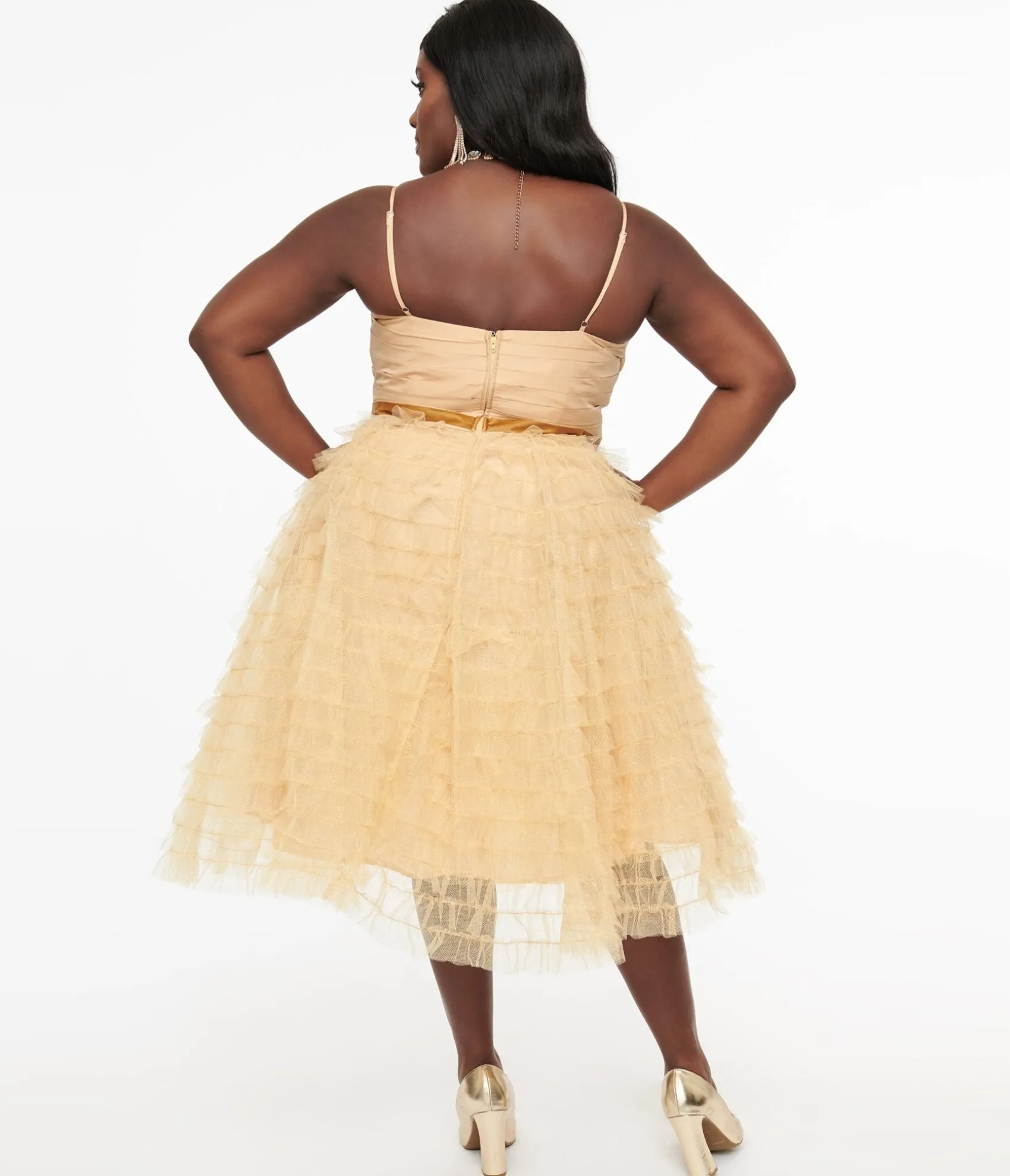 Unique Vintage Plus Size 1950s Gold Glitter Tulle Cupcake Swing Dress Flash Sale