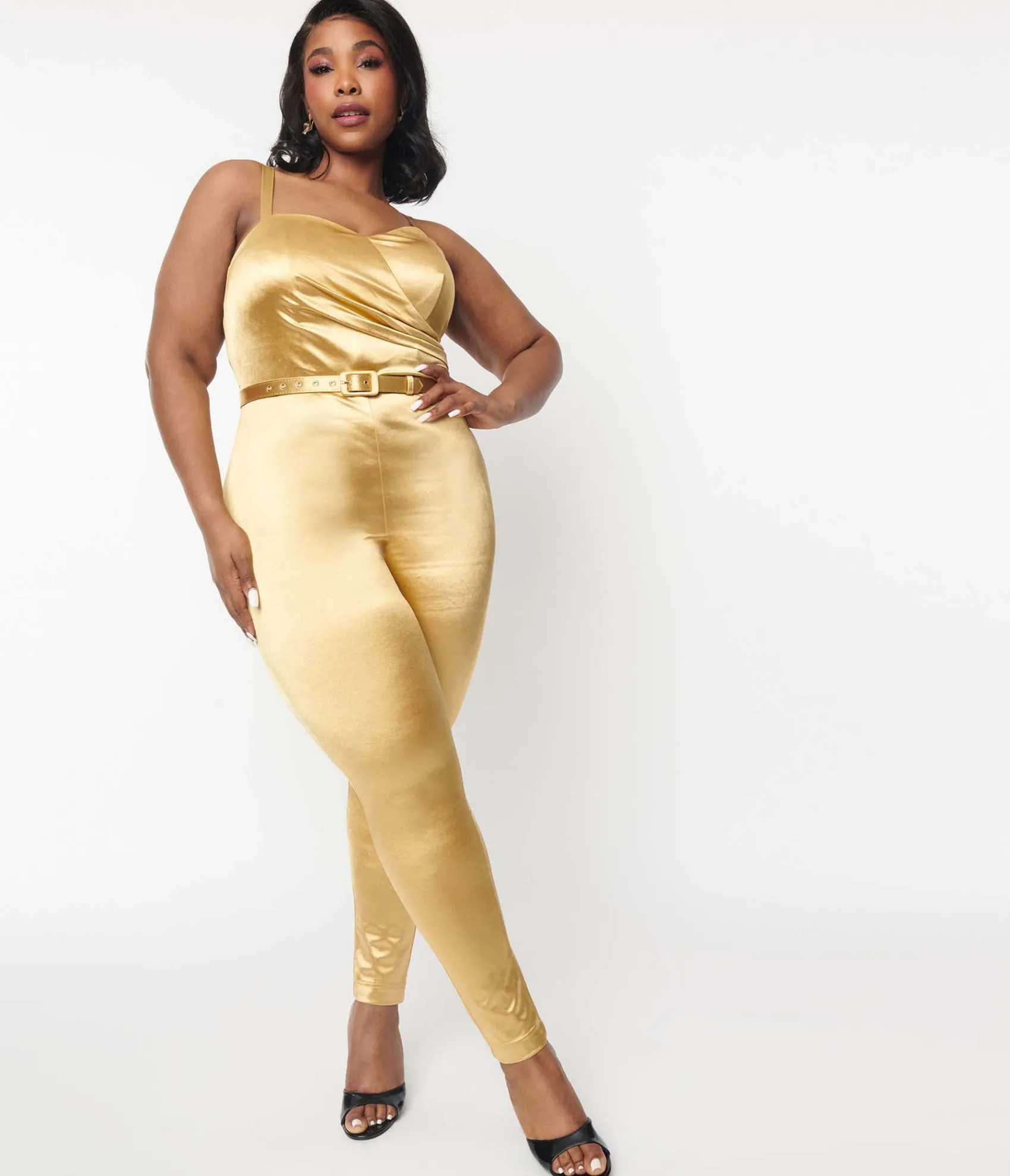 Unique Vintage Plus Size 1970s Gold Spandex Belted Jumpsuit Best