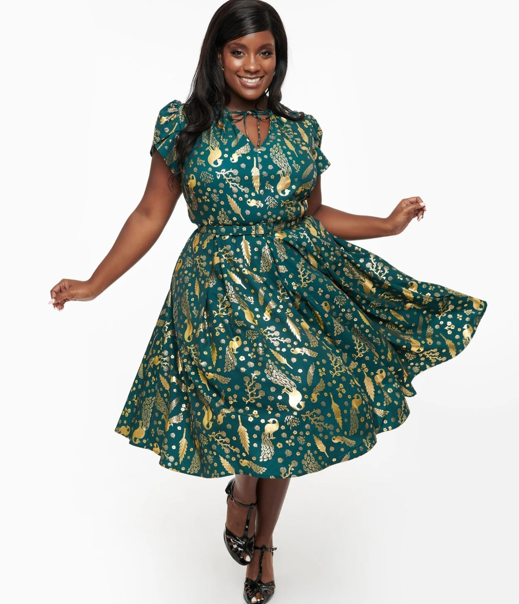 Unique Vintage Plus Size 1940s Green & Gold Peacock Print Dahlia Swing Dress Store