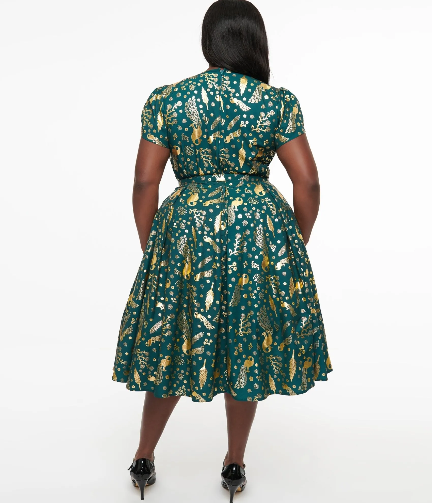 Unique Vintage Plus Size 1940s Green & Gold Peacock Print Dahlia Swing Dress Store
