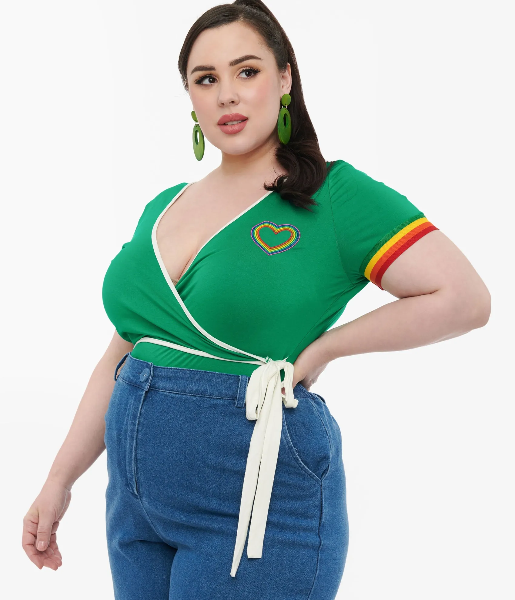 Unique Vintage Plus Size 1970s Green & Rainbow Heart Surplice Bodysuit Flash Sale