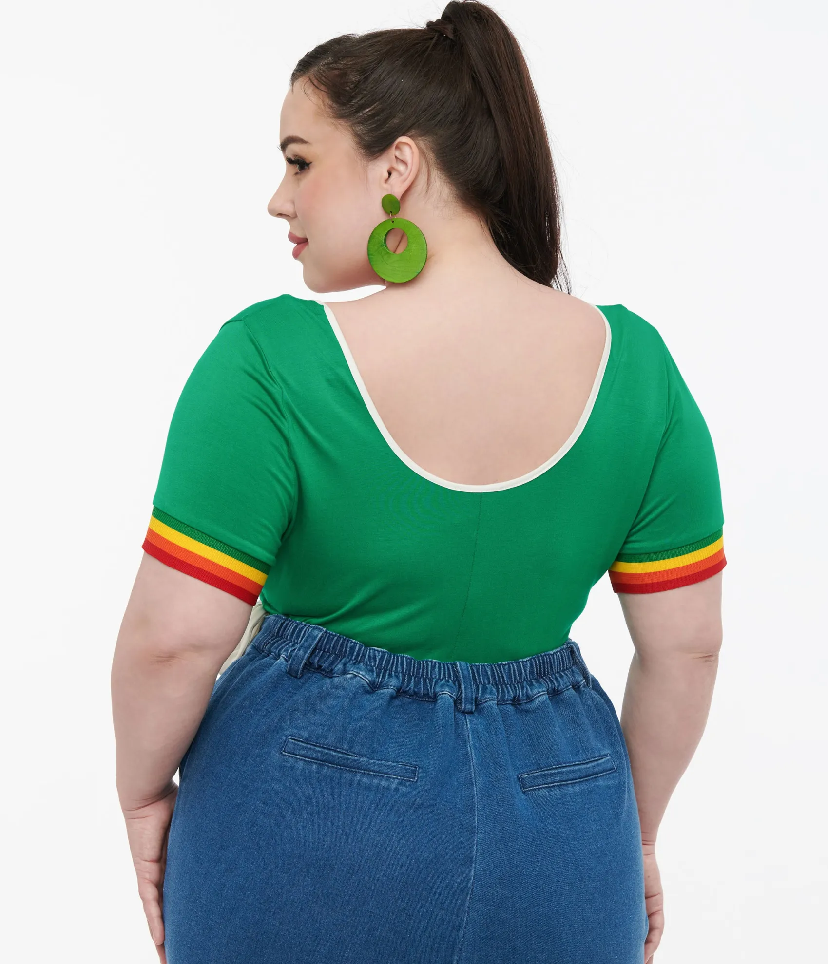 Unique Vintage Plus Size 1970s Green & Rainbow Heart Surplice Bodysuit Flash Sale
