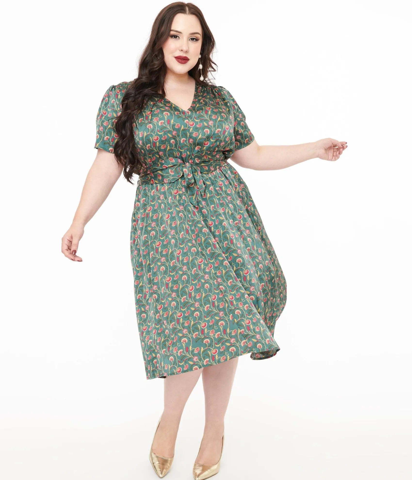 Unique Vintage Plus Size 1940s Green & Red Fan Print Swing Dress New