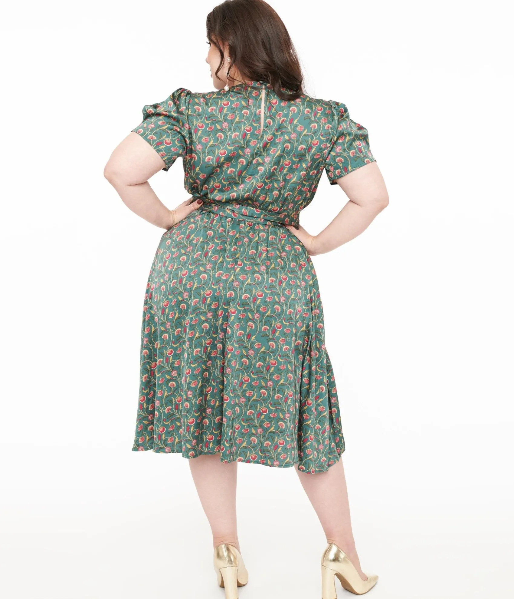 Unique Vintage Plus Size 1940s Green & Red Fan Print Swing Dress New